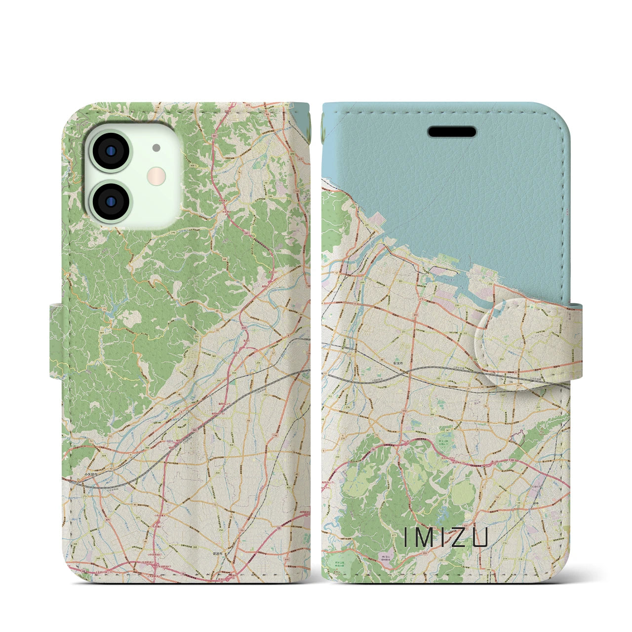 【射水】地図柄iPhoneケース（手帳両面タイプ・ナチュラル）iPhone 12 mini 用