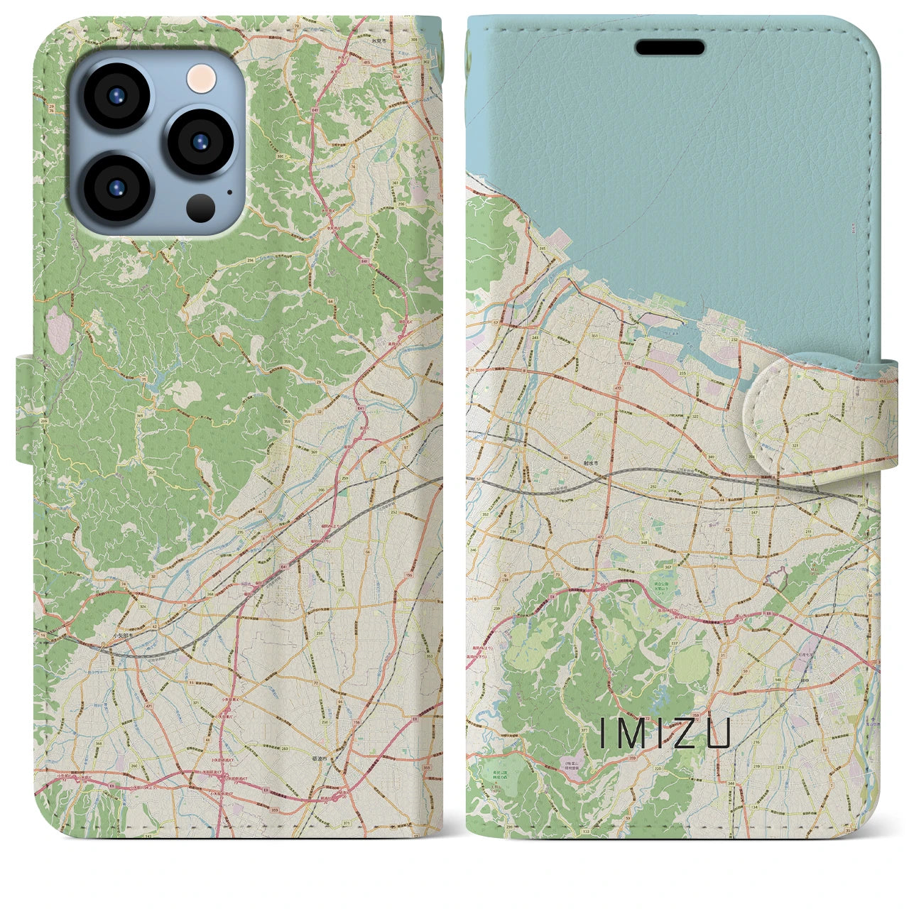 【射水】地図柄iPhoneケース（手帳両面タイプ・ナチュラル）iPhone 13 Pro Max 用