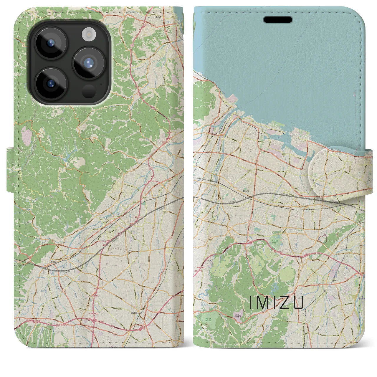 【射水】地図柄iPhoneケース（手帳両面タイプ・ナチュラル）iPhone 15 Pro Max 用