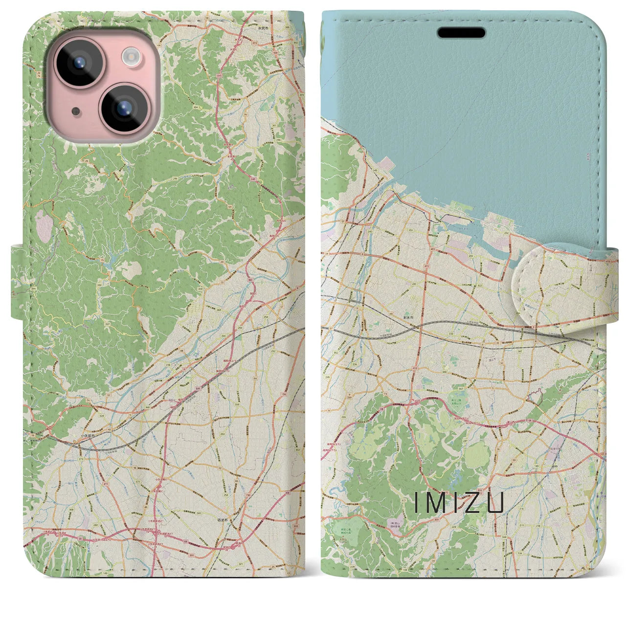 【射水】地図柄iPhoneケース（手帳両面タイプ・ナチュラル）iPhone 15 Plus 用