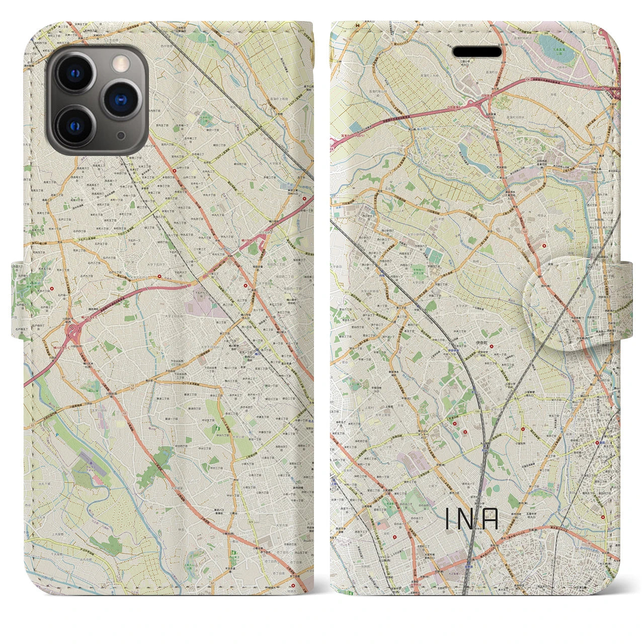 【伊奈】地図柄iPhoneケース（手帳両面タイプ・ナチュラル）iPhone 11 Pro Max 用