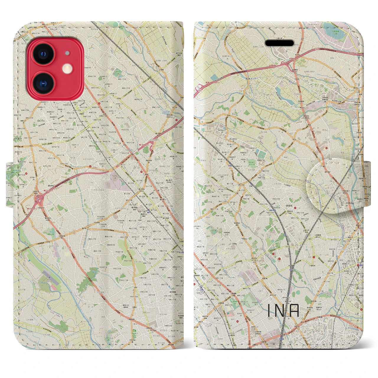 【伊奈】地図柄iPhoneケース（手帳両面タイプ・ナチュラル）iPhone 11 用