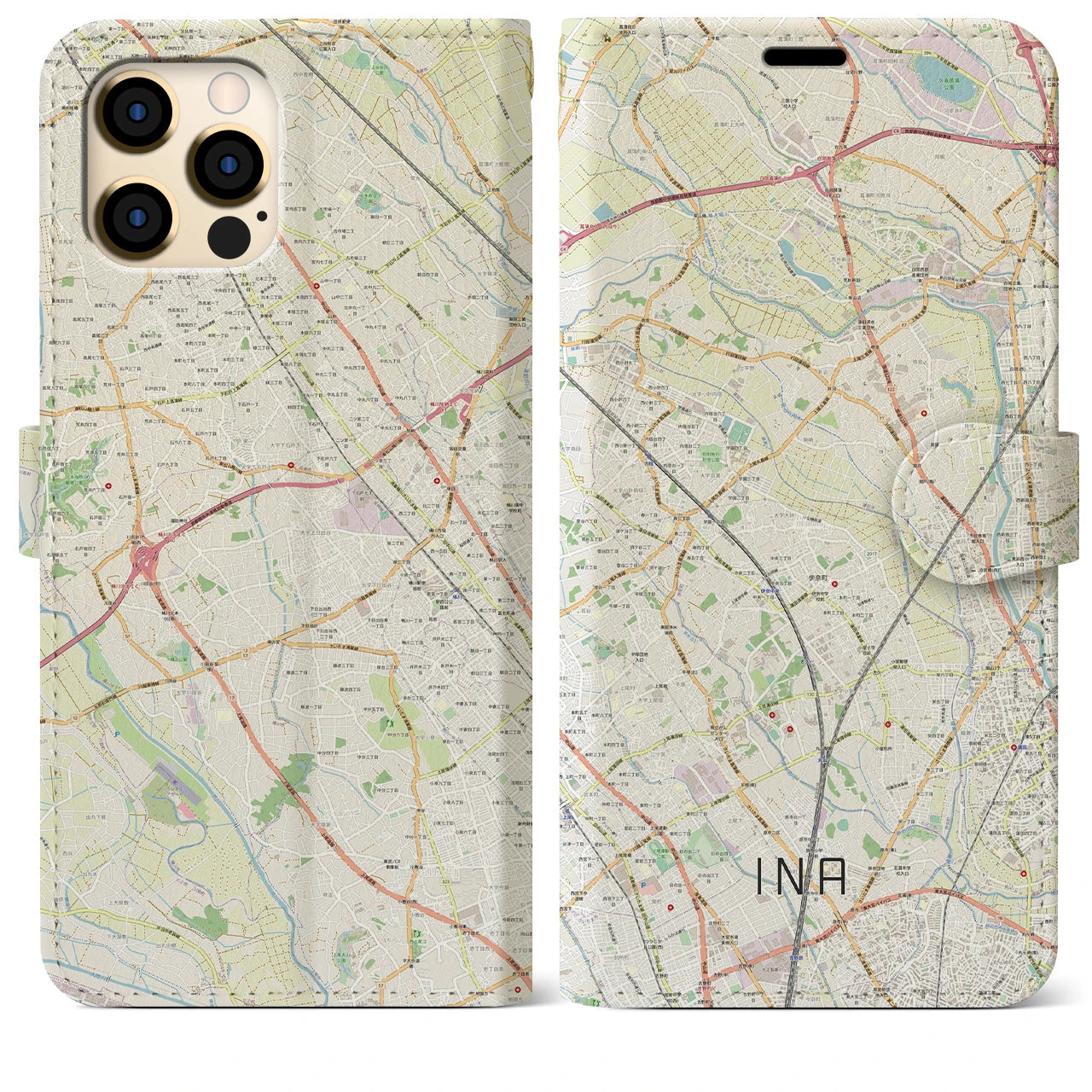 【伊奈】地図柄iPhoneケース（手帳両面タイプ・ナチュラル）iPhone 12 Pro Max 用