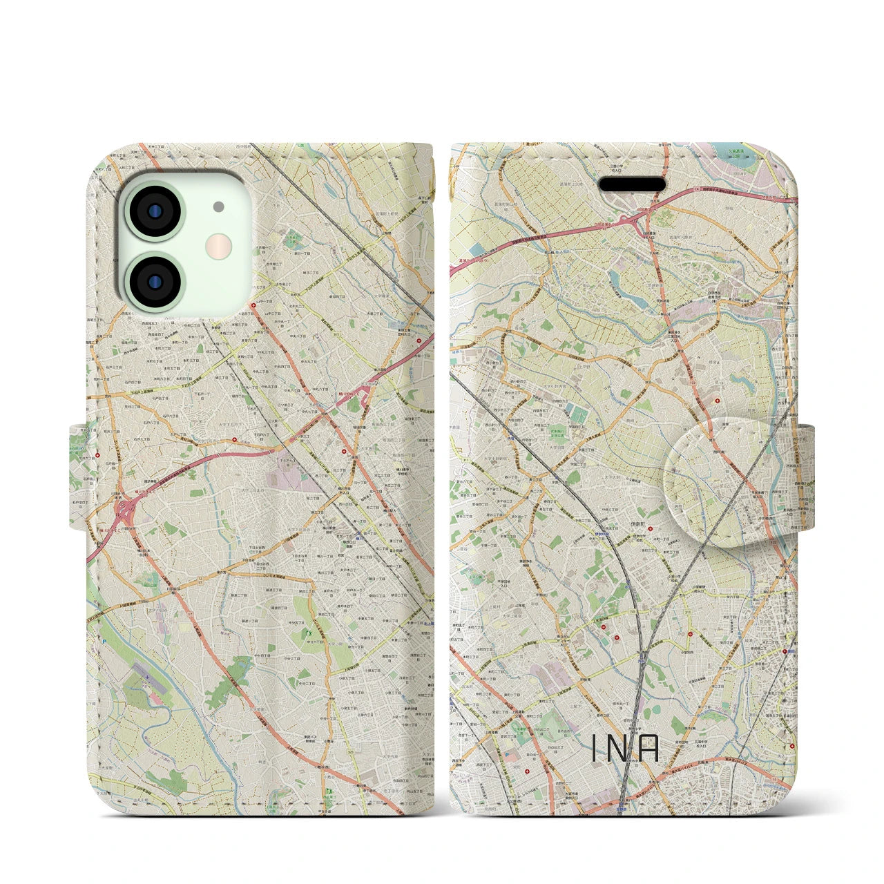 【伊奈】地図柄iPhoneケース（手帳両面タイプ・ナチュラル）iPhone 12 mini 用