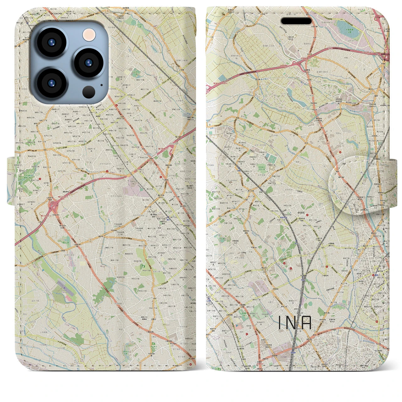 【伊奈】地図柄iPhoneケース（手帳両面タイプ・ナチュラル）iPhone 13 Pro Max 用