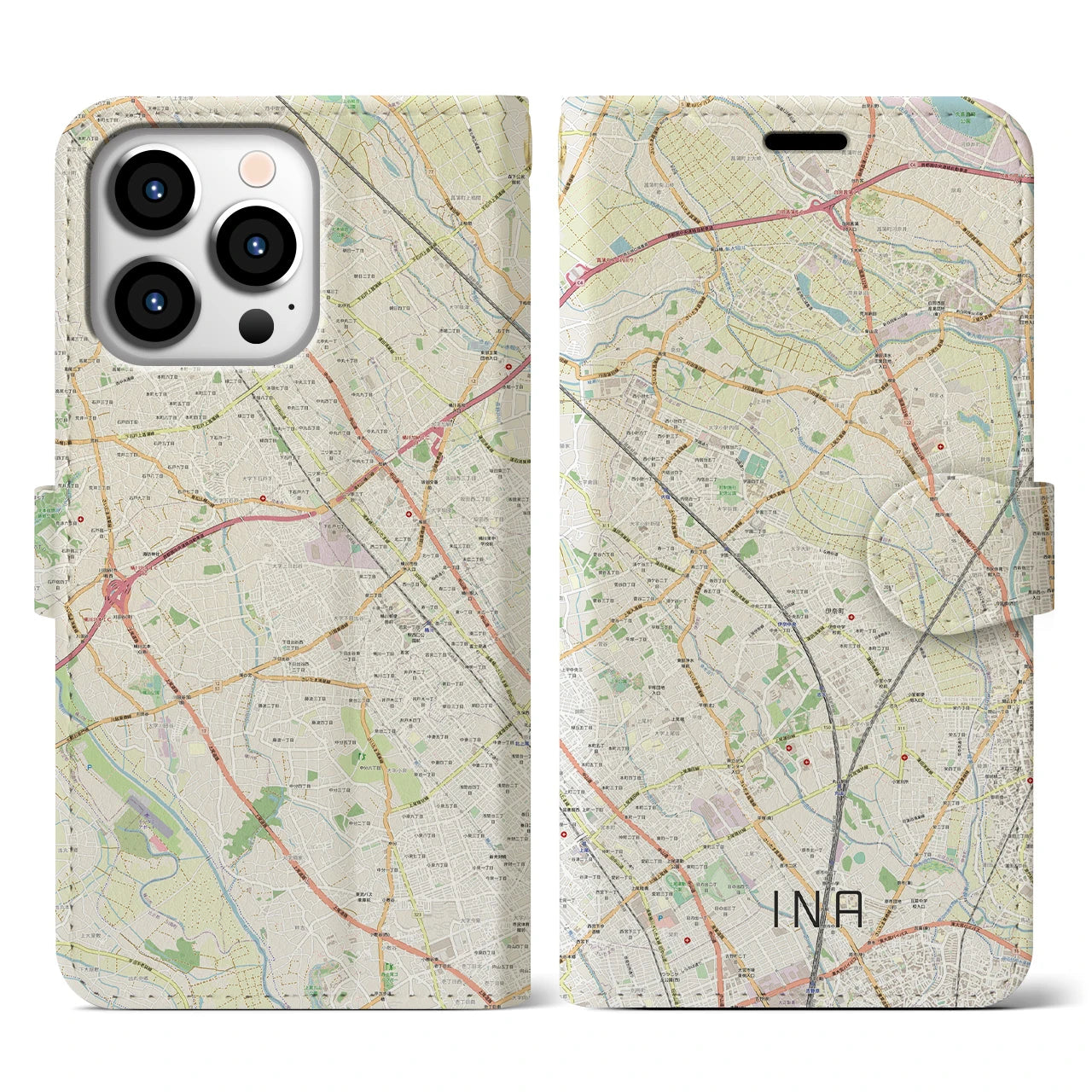 【伊奈】地図柄iPhoneケース（手帳両面タイプ・ナチュラル）iPhone 13 Pro 用