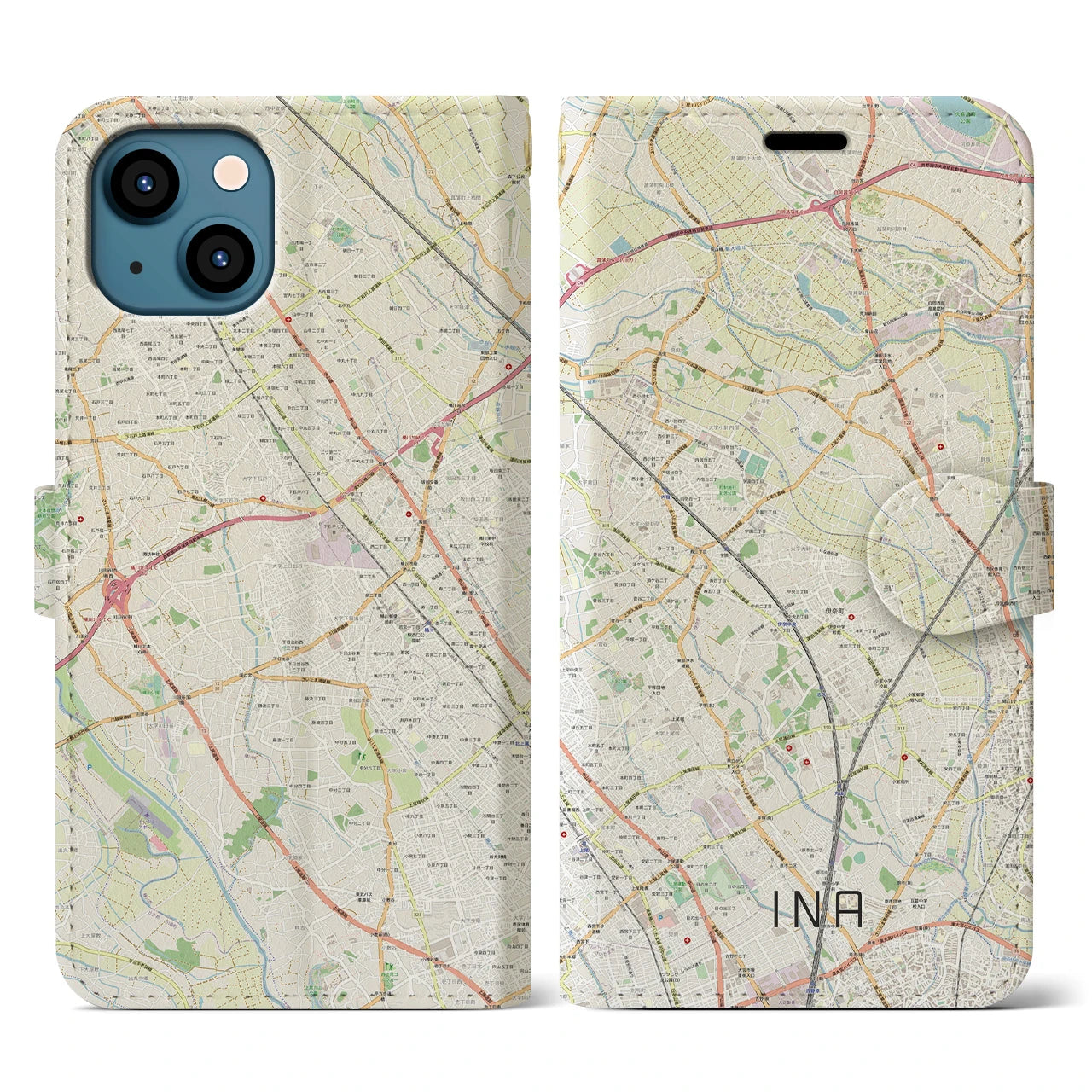 【伊奈】地図柄iPhoneケース（手帳両面タイプ・ナチュラル）iPhone 13 用