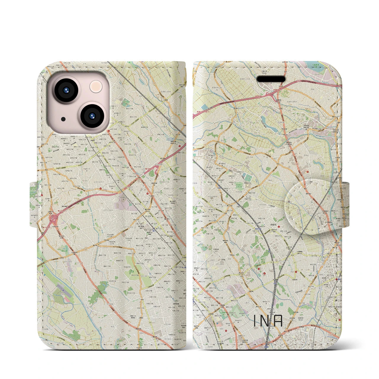 【伊奈】地図柄iPhoneケース（手帳両面タイプ・ナチュラル）iPhone 13 mini 用