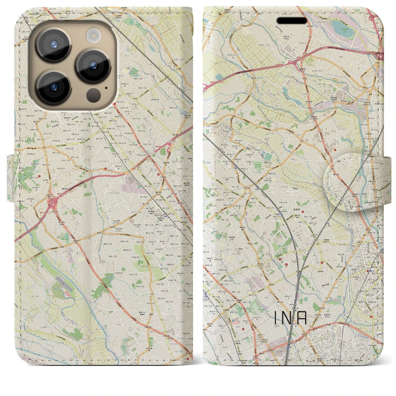 【伊奈】地図柄iPhoneケース（手帳両面タイプ・ナチュラル）iPhone 14 Pro Max 用