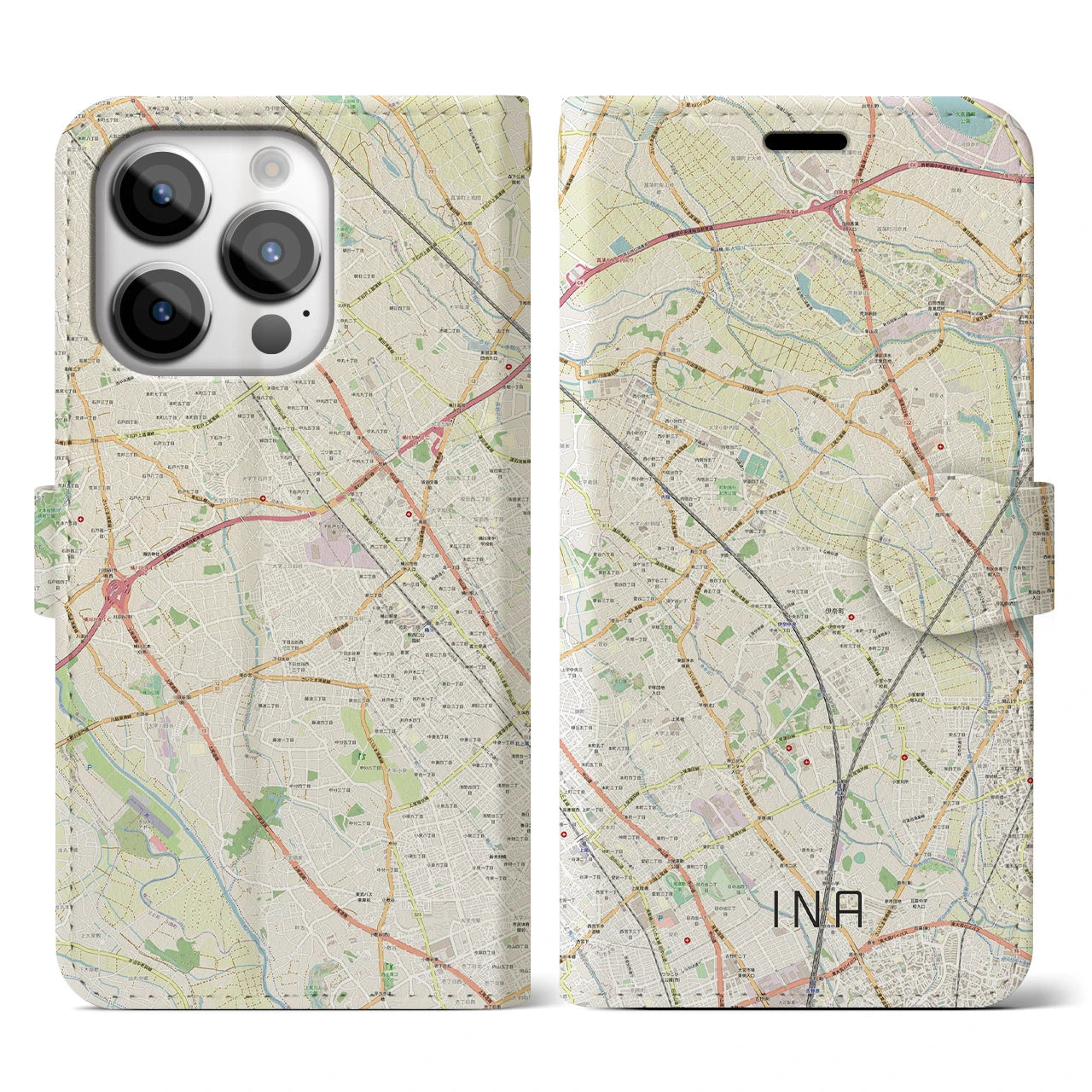【伊奈】地図柄iPhoneケース（手帳両面タイプ・ナチュラル）iPhone 14 Pro 用