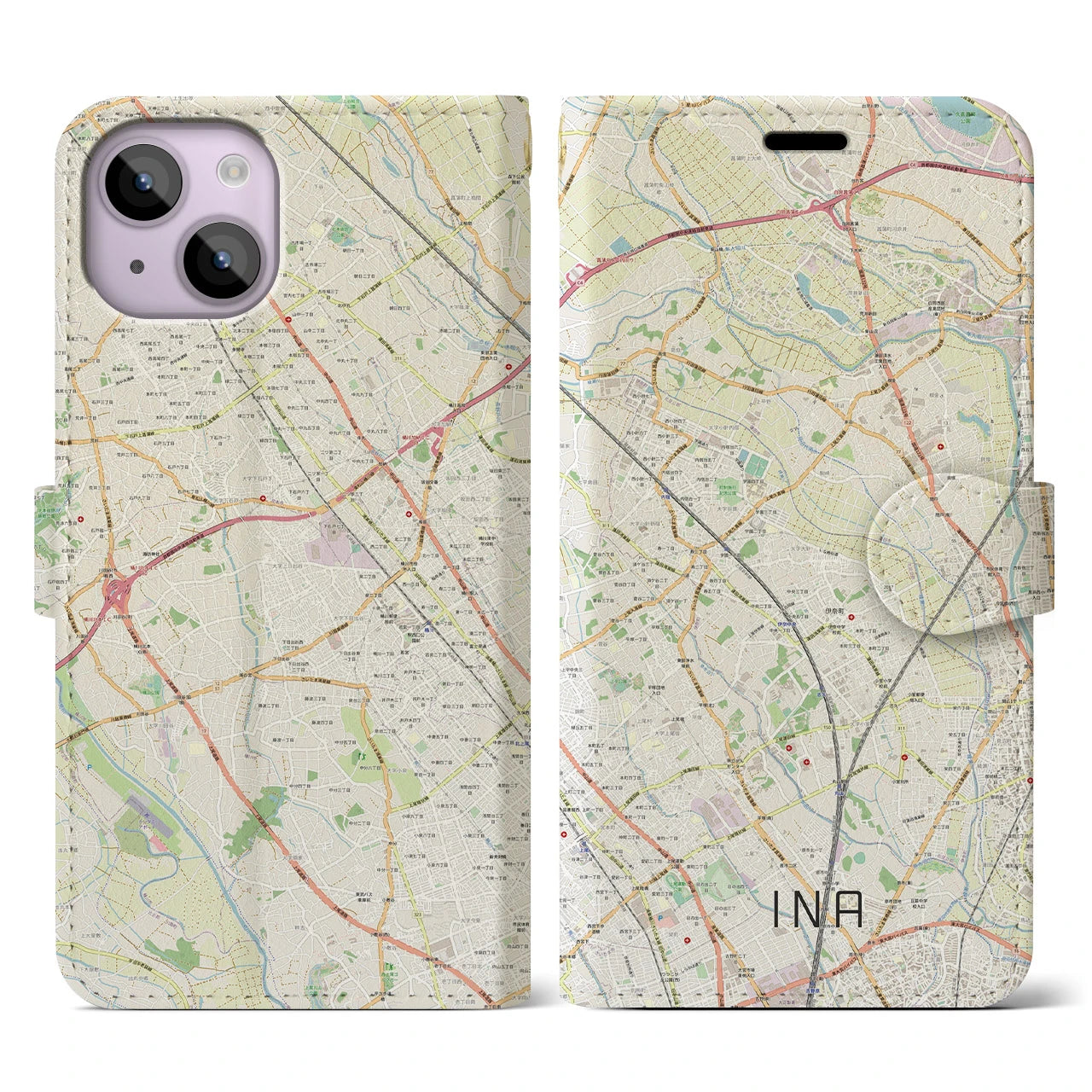 【伊奈】地図柄iPhoneケース（手帳両面タイプ・ナチュラル）iPhone 14 用