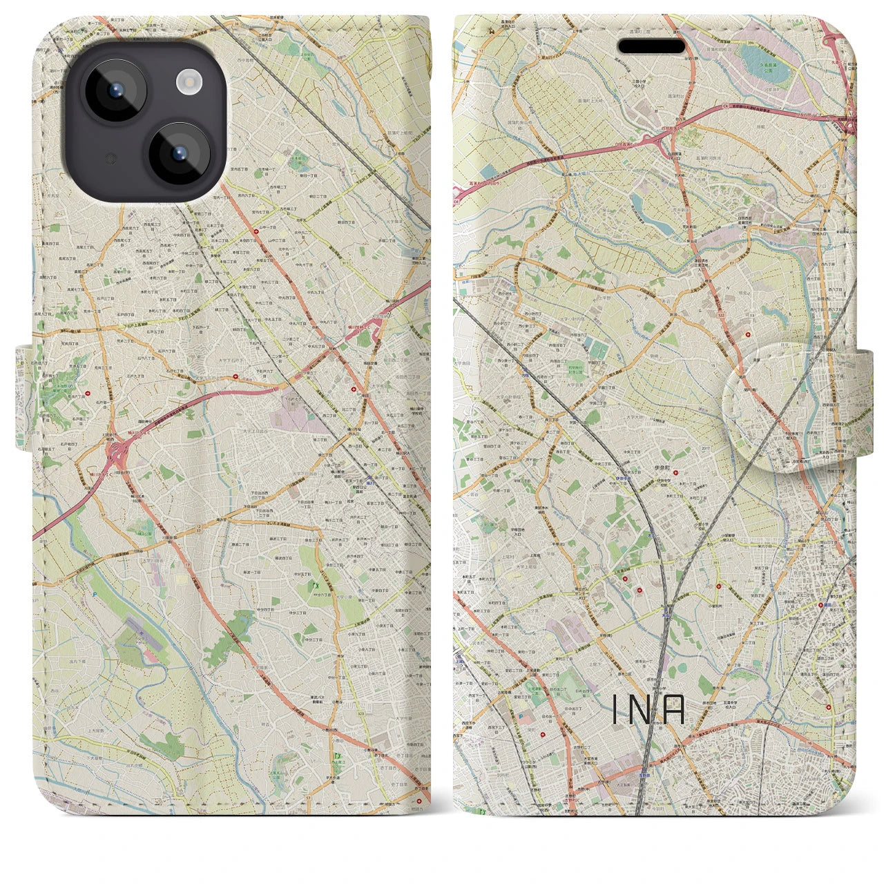【伊奈】地図柄iPhoneケース（手帳両面タイプ・ナチュラル）iPhone 14 Plus 用