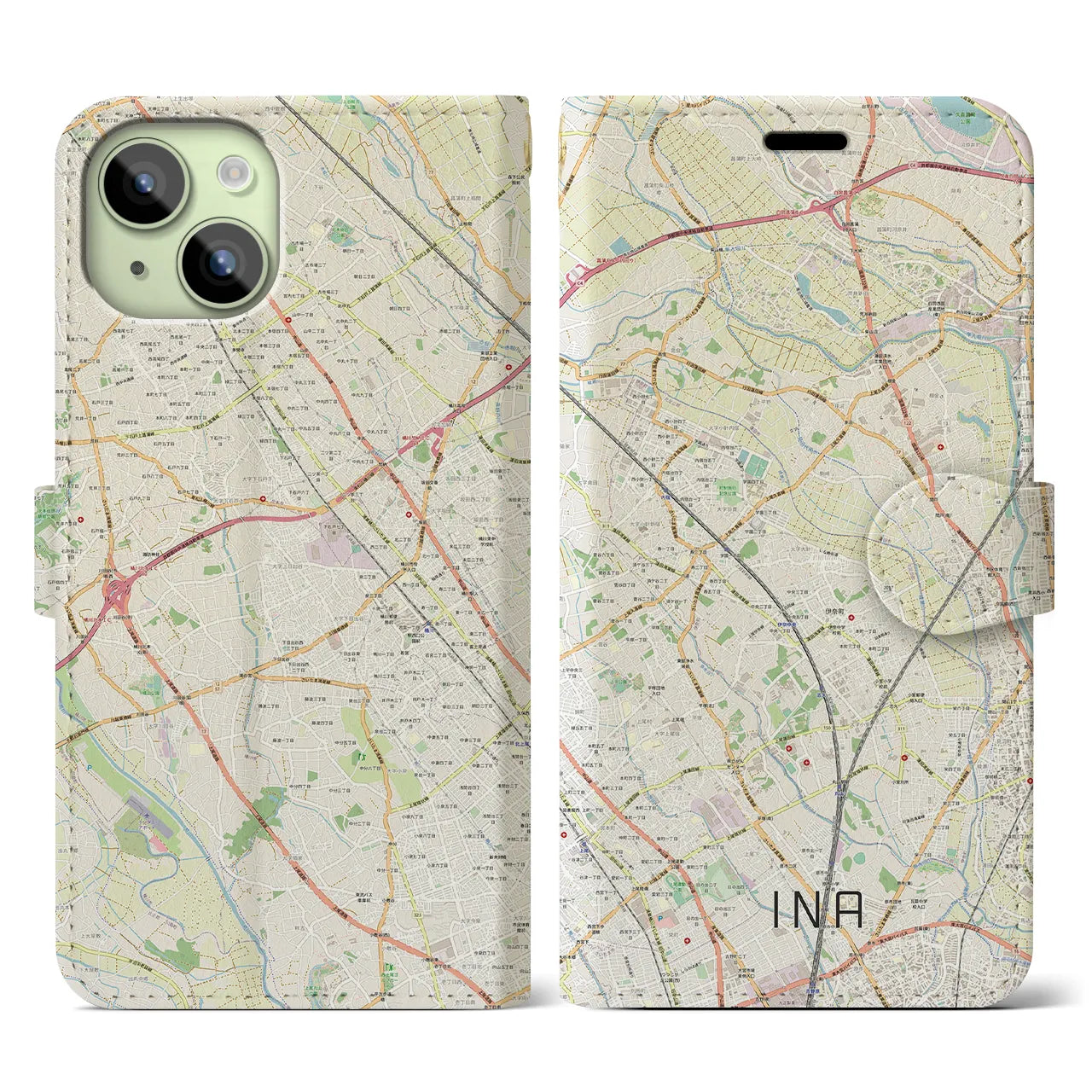 【伊奈】地図柄iPhoneケース（手帳両面タイプ・ナチュラル）iPhone 15 用