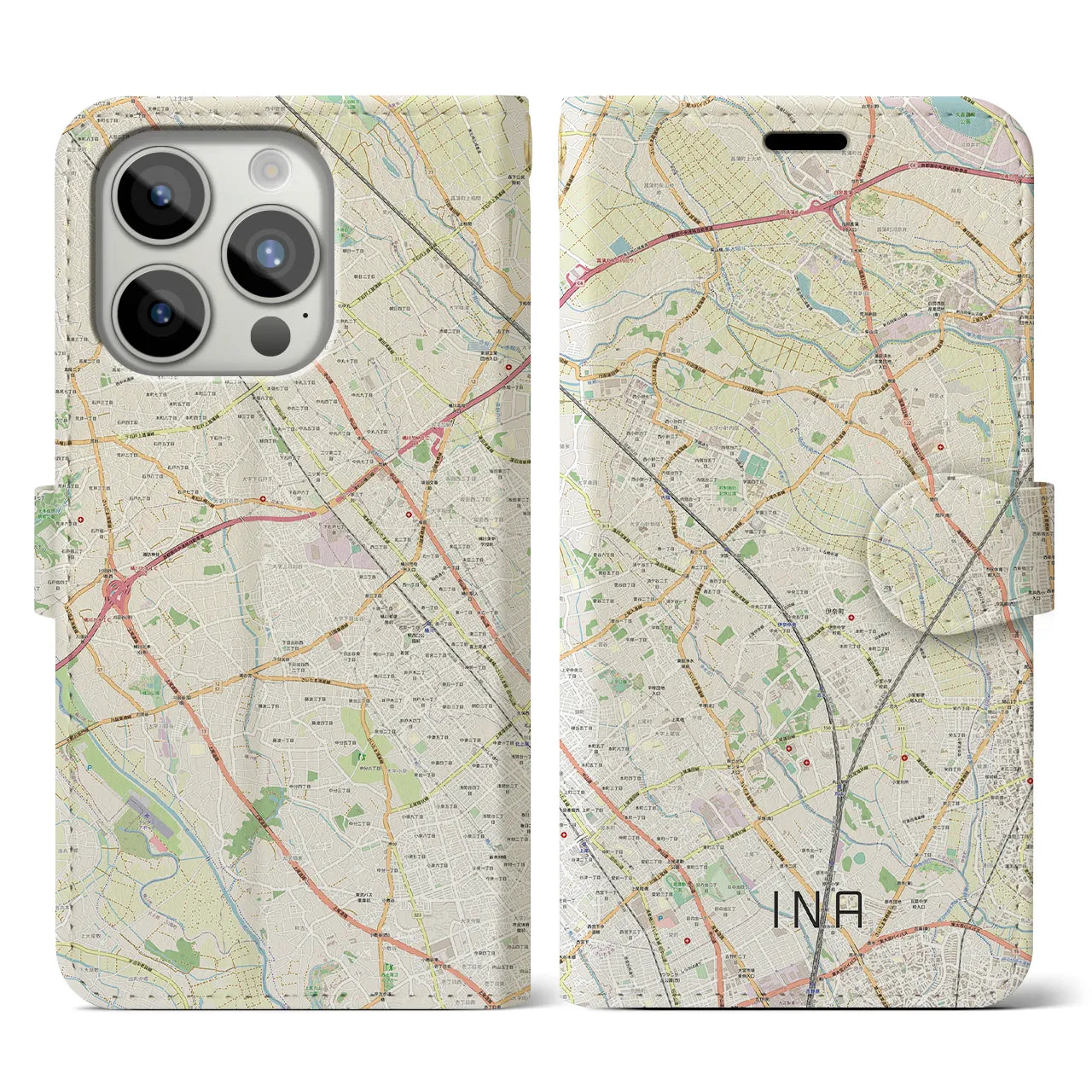 【伊奈】地図柄iPhoneケース（手帳両面タイプ・ナチュラル）iPhone 15 Pro 用