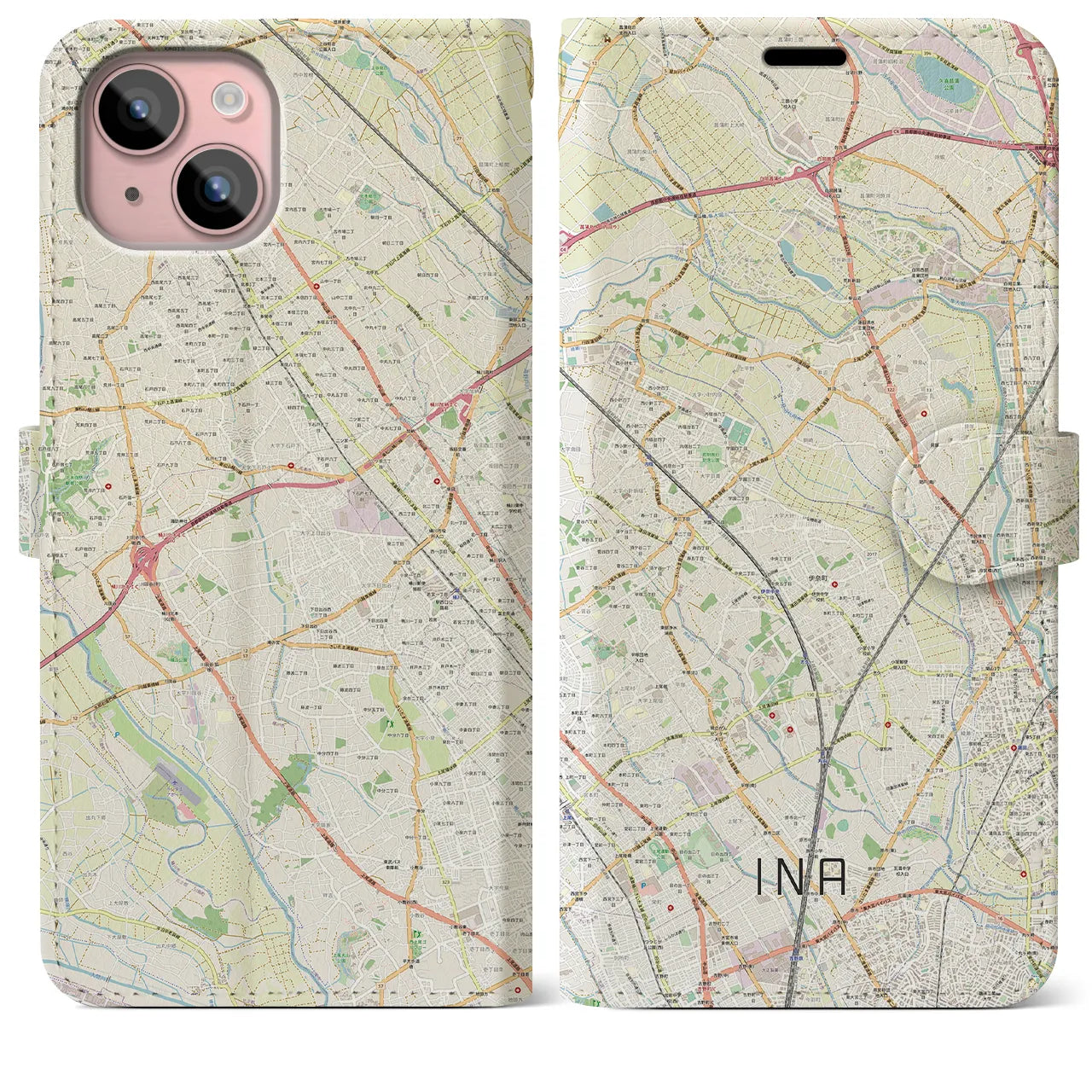 【伊奈】地図柄iPhoneケース（手帳両面タイプ・ナチュラル）iPhone 15 Plus 用
