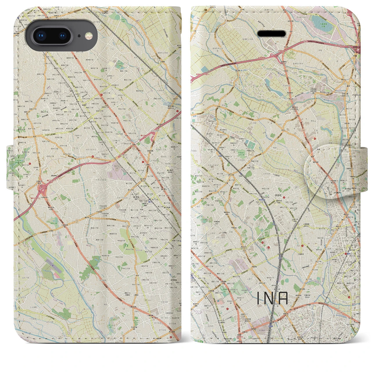 【伊奈】地図柄iPhoneケース（手帳両面タイプ・ナチュラル）iPhone 8Plus /7Plus / 6sPlus / 6Plus 用