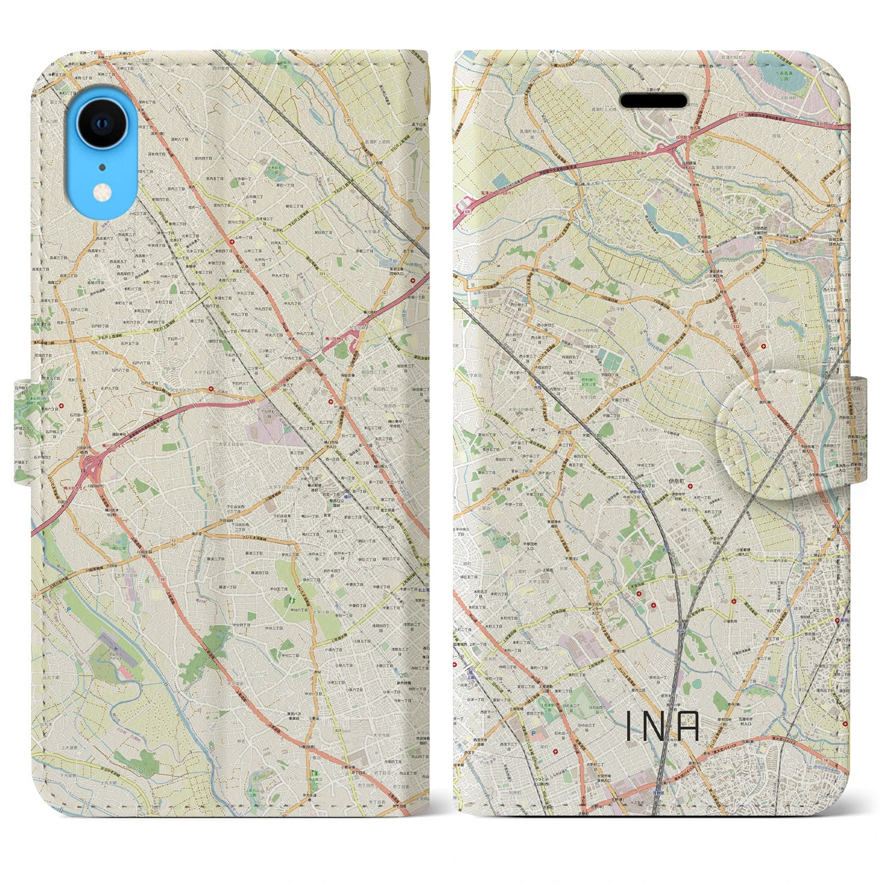 【伊奈】地図柄iPhoneケース（手帳両面タイプ・ナチュラル）iPhone XR 用