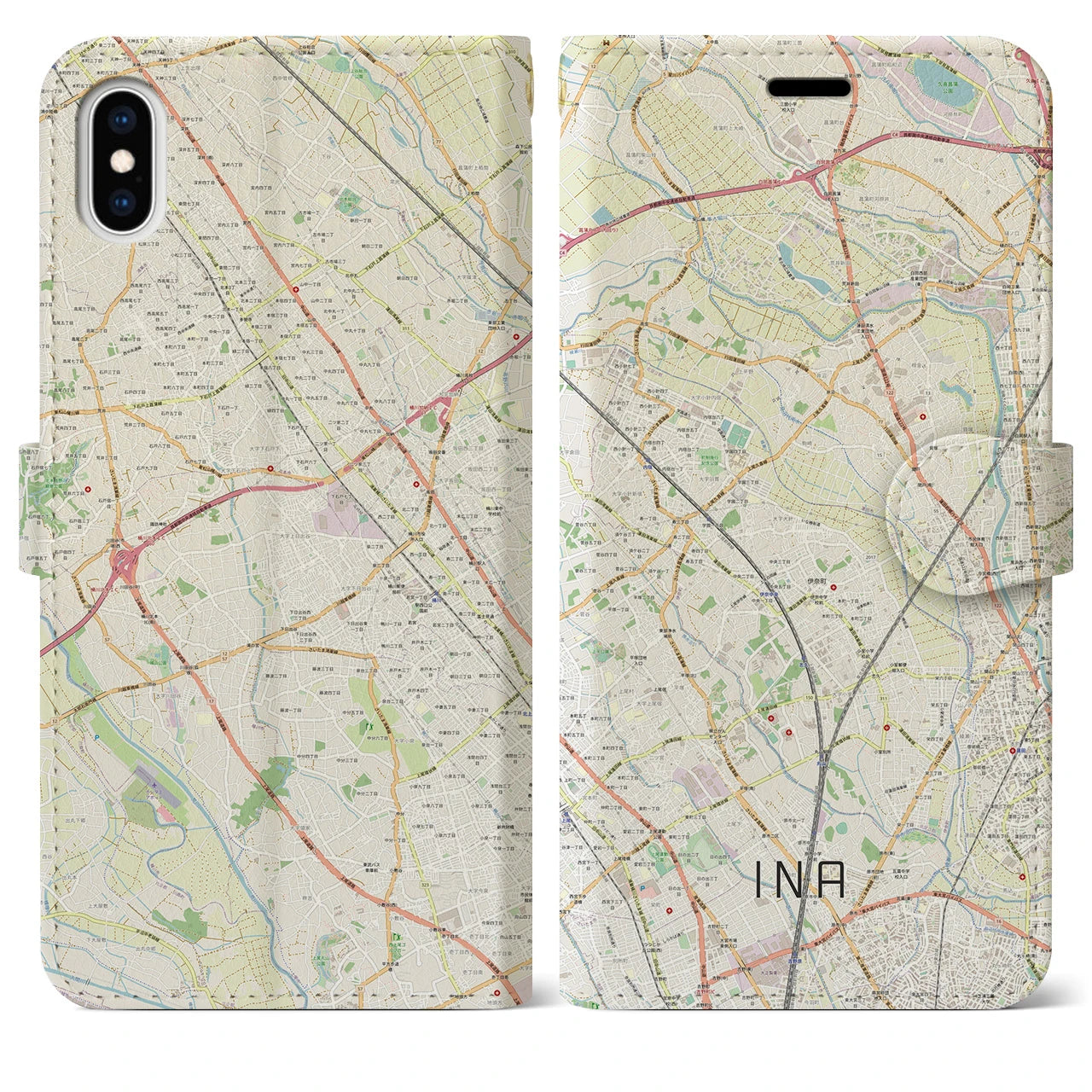 【伊奈】地図柄iPhoneケース（手帳両面タイプ・ナチュラル）iPhone XS Max 用