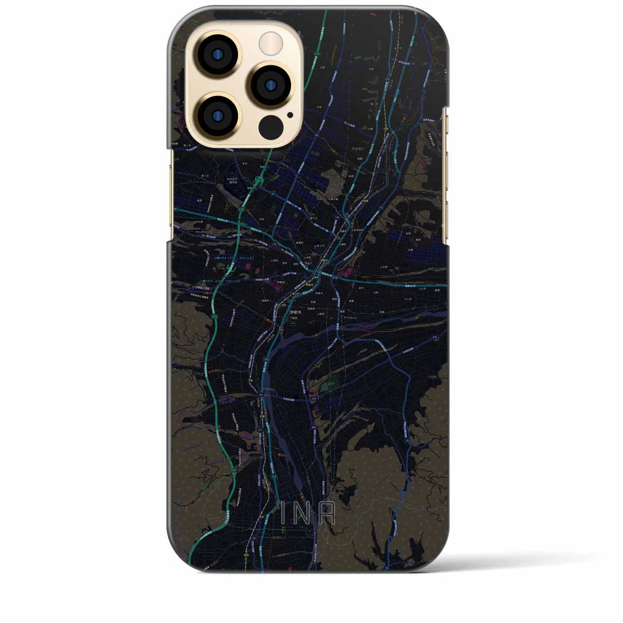 【伊那】地図柄iPhoneケース（バックカバータイプ・ブラック）iPhone 12 Pro Max 用