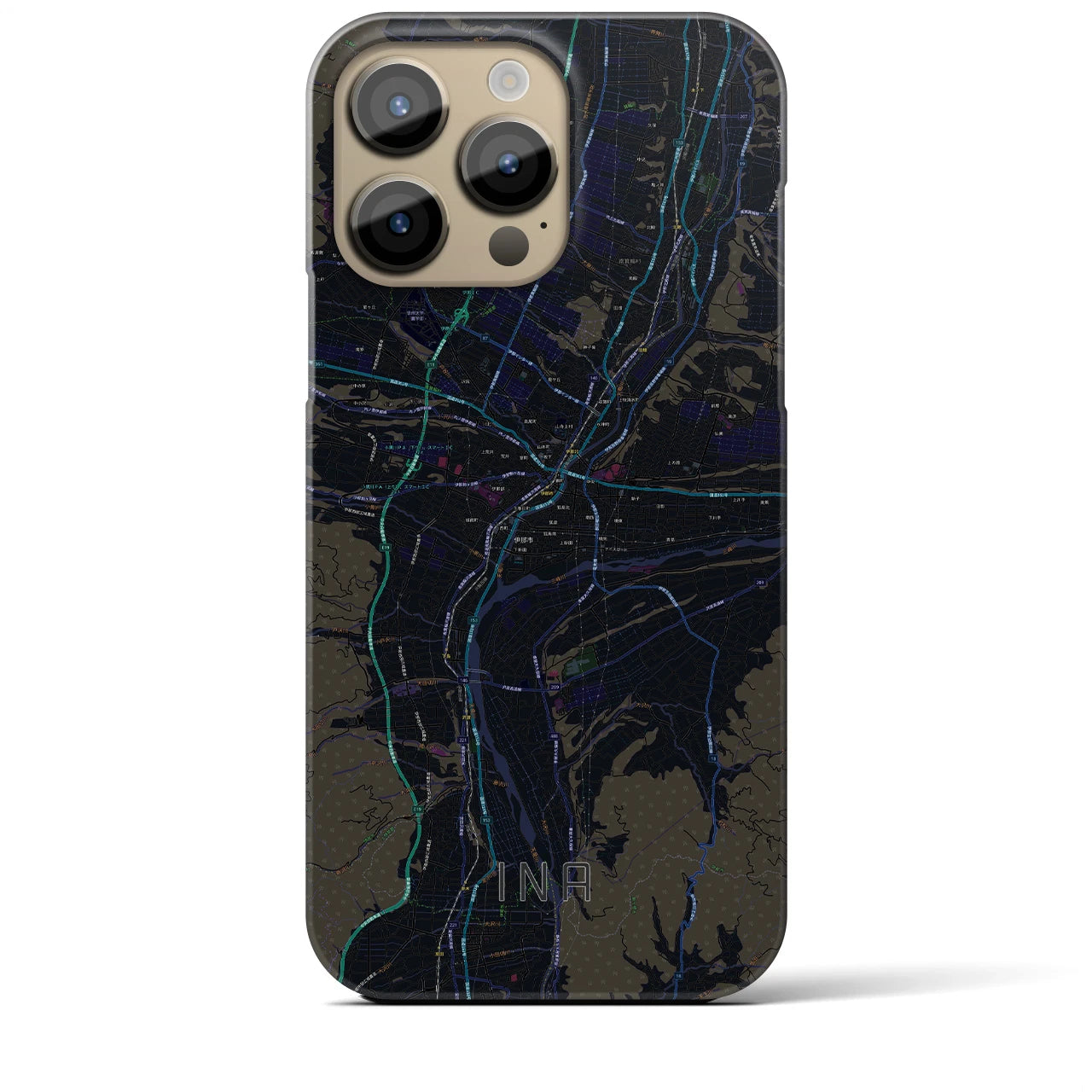 【伊那】地図柄iPhoneケース（バックカバータイプ・ブラック）iPhone 14 Pro Max 用