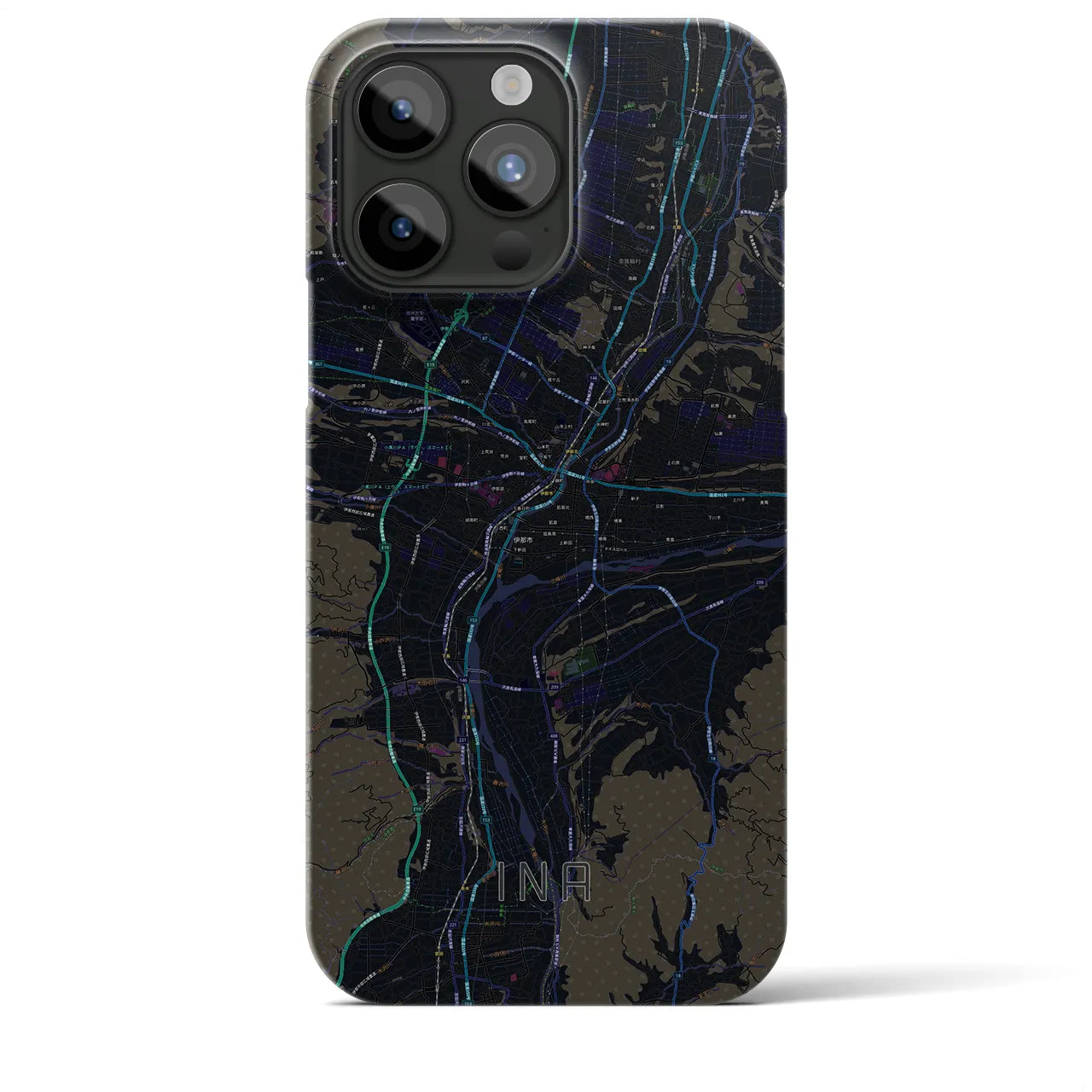 【伊那】地図柄iPhoneケース（バックカバータイプ・ブラック）iPhone 15 Pro Max 用