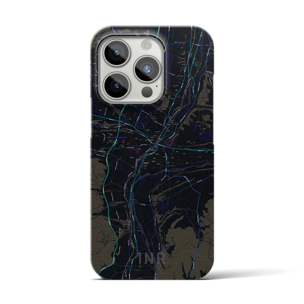 【伊那】地図柄iPhoneケース（バックカバータイプ・ブラック）iPhone 15 Pro 用