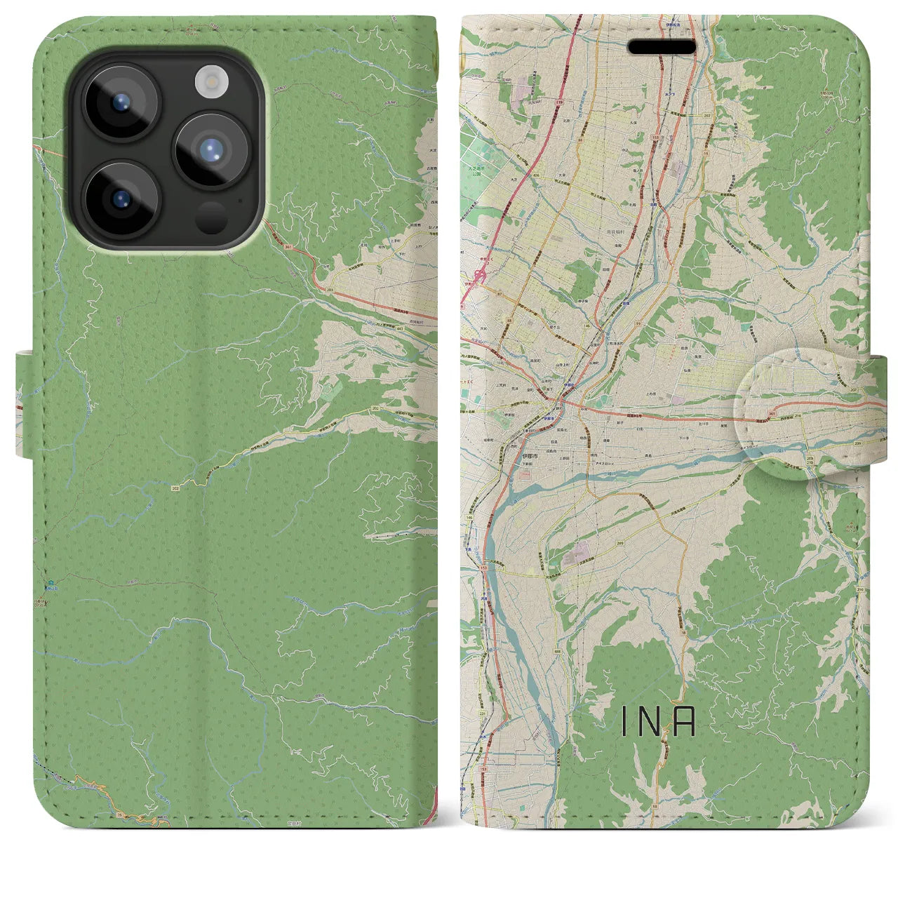 【伊那】地図柄iPhoneケース（手帳両面タイプ・ナチュラル）iPhone 15 Pro Max 用