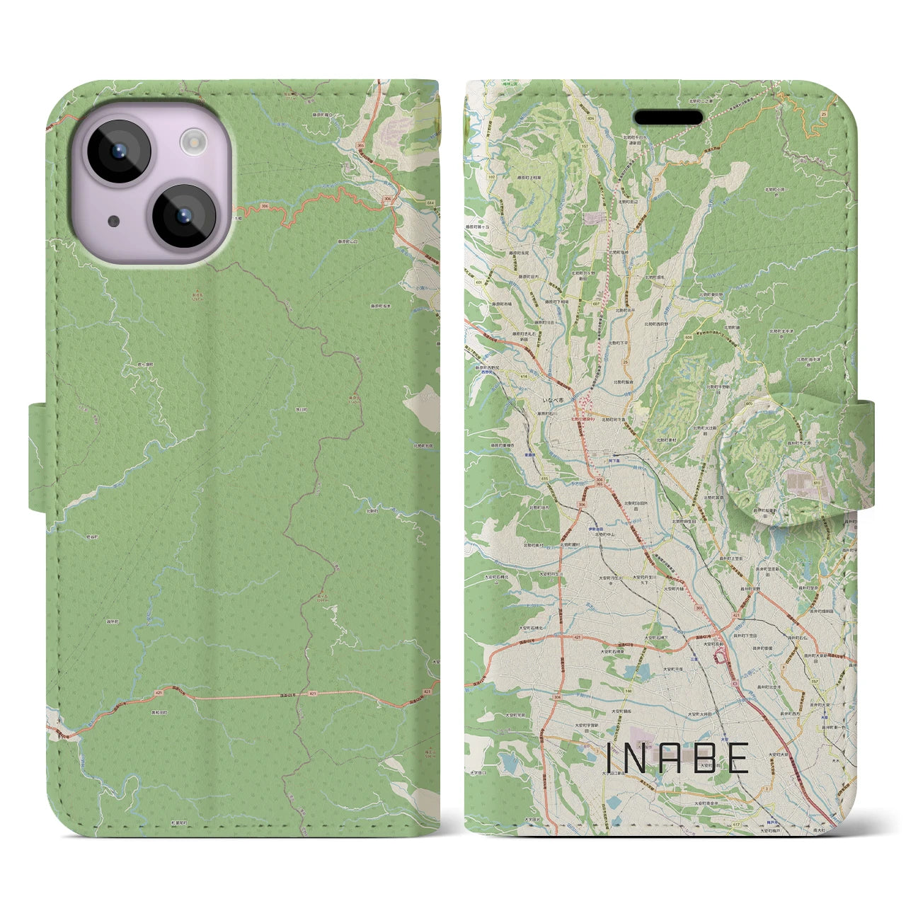 【いなべ】地図柄iPhoneケース（手帳両面タイプ・ナチュラル）iPhone 14 用