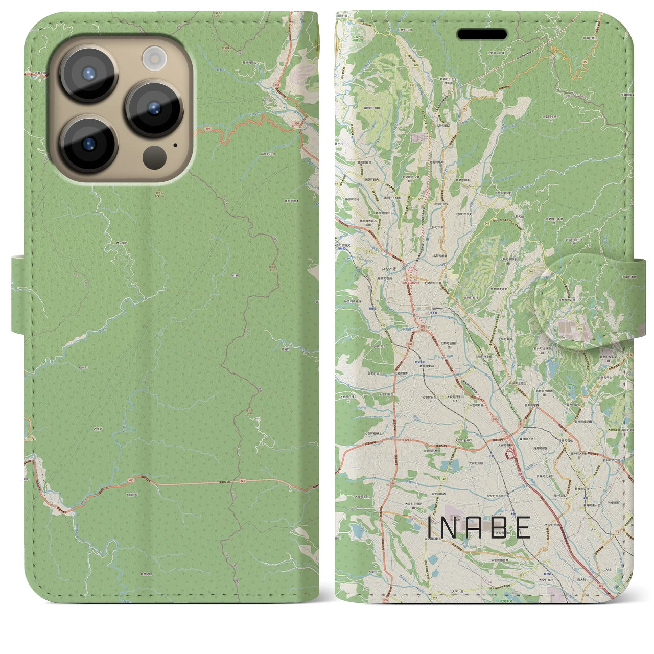 【いなべ】地図柄iPhoneケース（手帳両面タイプ・ナチュラル）iPhone 14 Pro Max 用