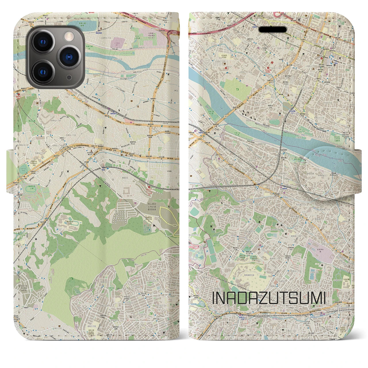 【稲田堤】地図柄iPhoneケース（手帳両面タイプ・ナチュラル）iPhone 11 Pro Max 用