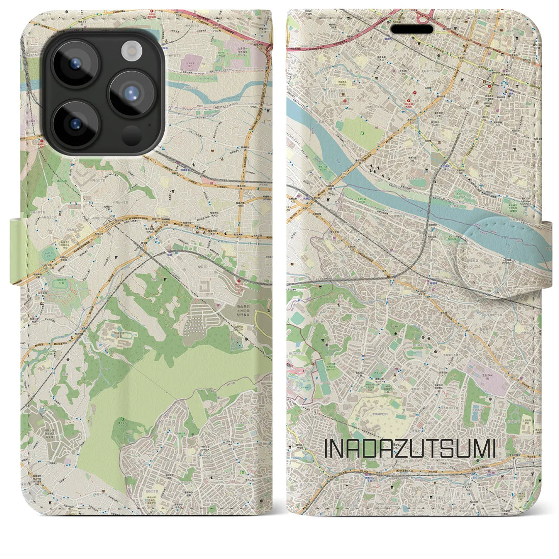 【稲田堤】地図柄iPhoneケース（手帳両面タイプ・ナチュラル）iPhone 15 Pro Max 用