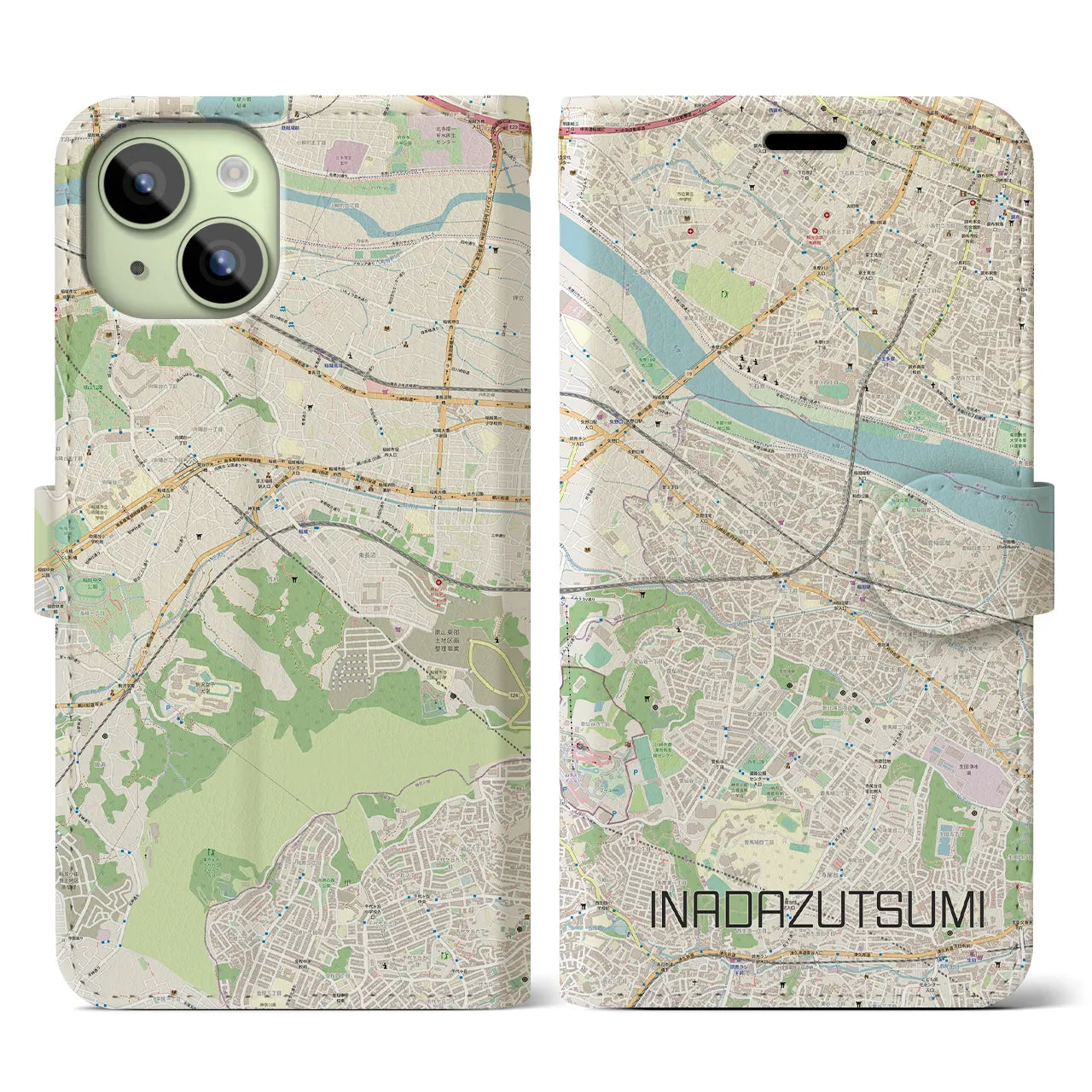 【稲田堤】地図柄iPhoneケース（手帳両面タイプ・ナチュラル）iPhone 15 用