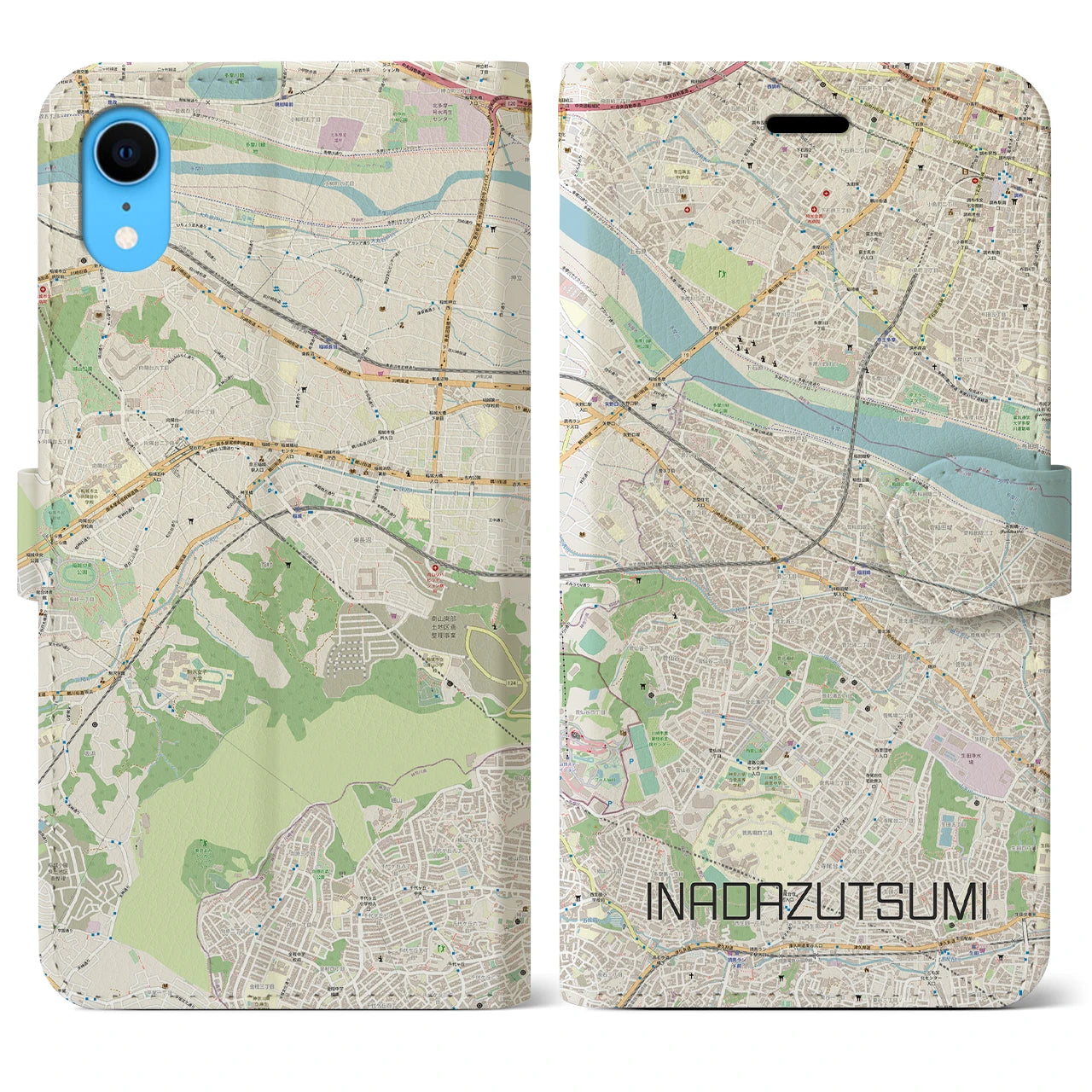 【稲田堤】地図柄iPhoneケース（手帳両面タイプ・ナチュラル）iPhone XR 用
