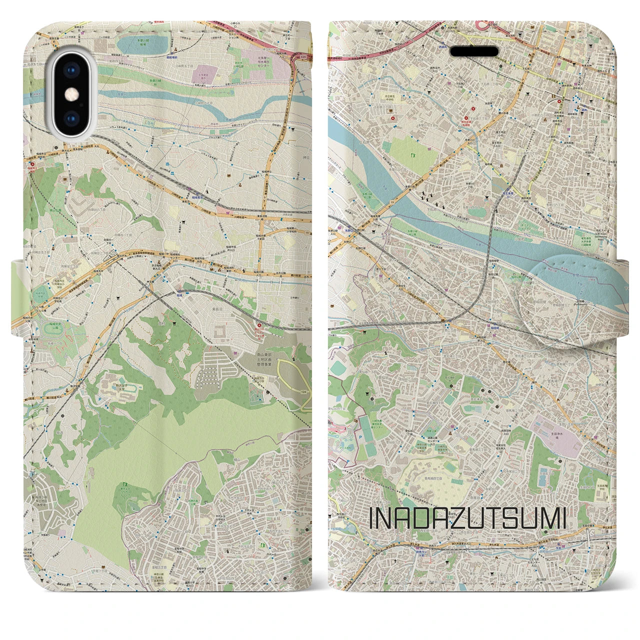 【稲田堤】地図柄iPhoneケース（手帳両面タイプ・ナチュラル）iPhone XS Max 用