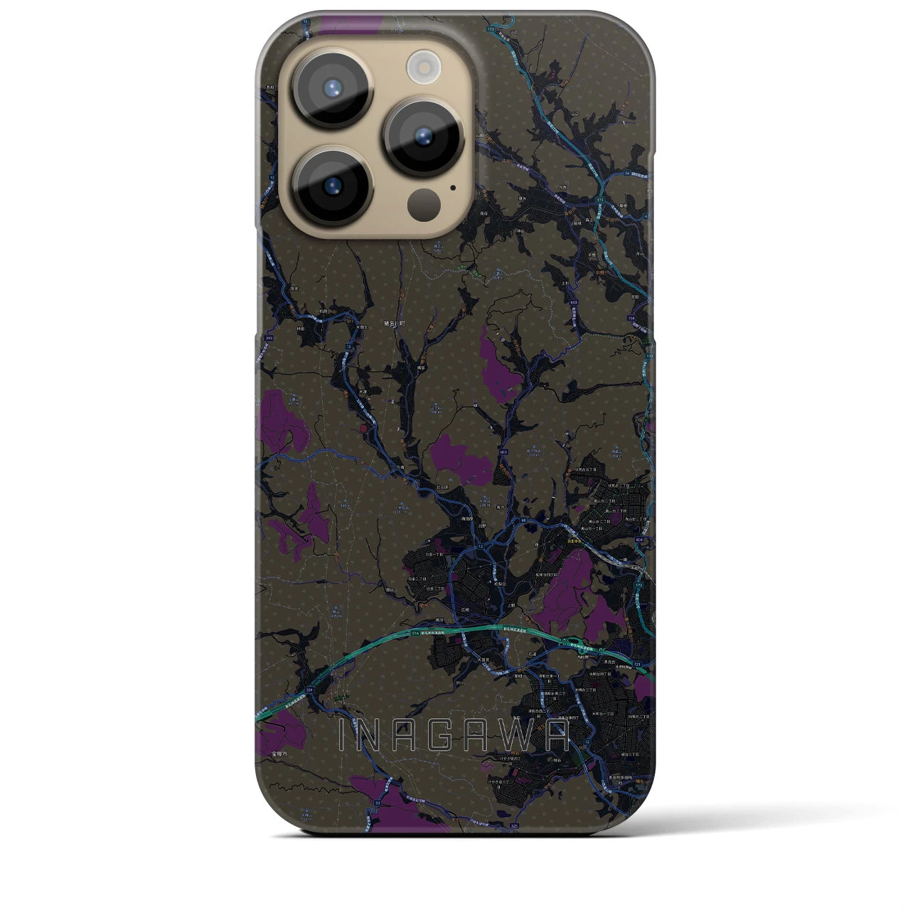 【猪名川】地図柄iPhoneケース（バックカバータイプ・ブラック）iPhone 14 Pro Max 用