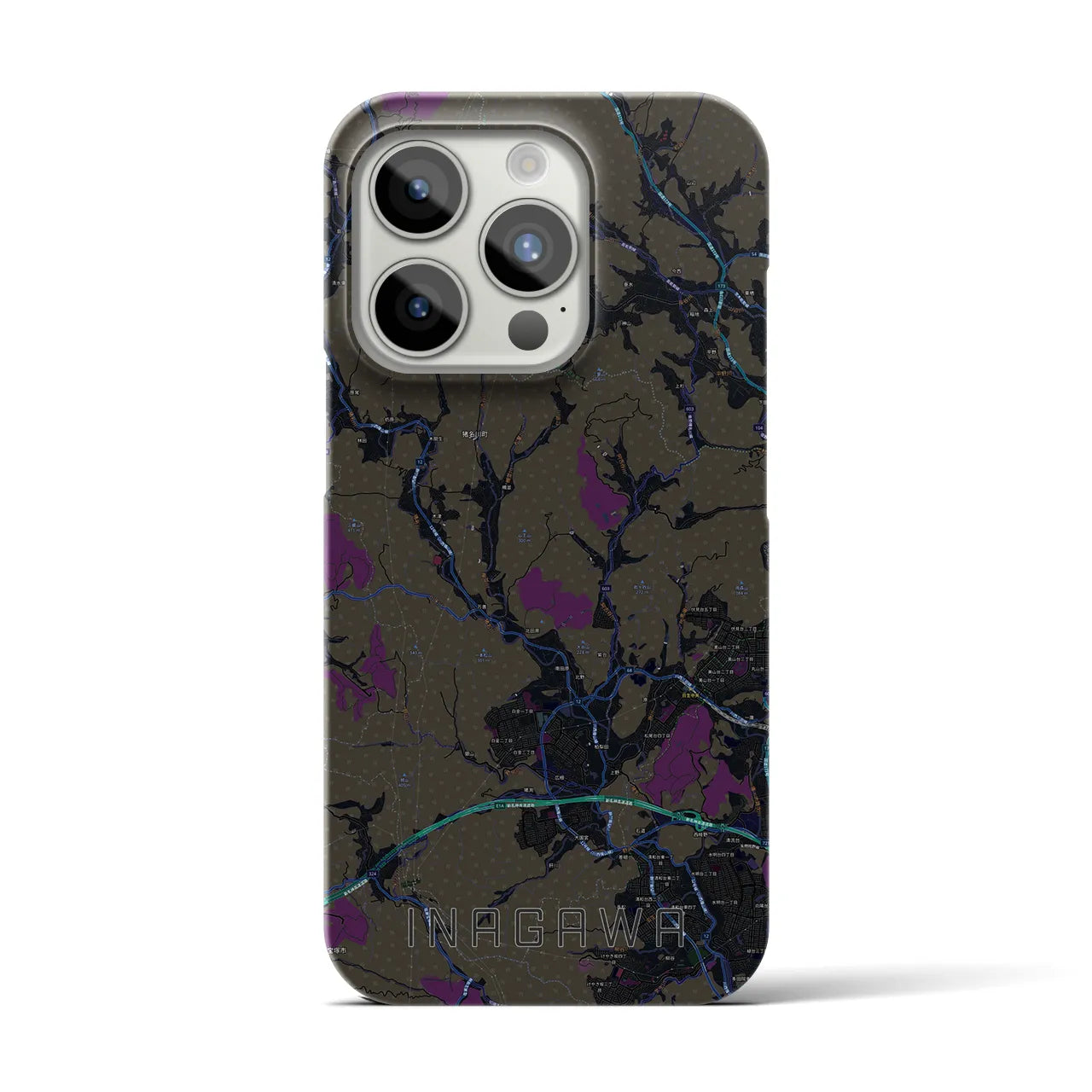 【猪名川】地図柄iPhoneケース（バックカバータイプ・ブラック）iPhone 15 Pro 用