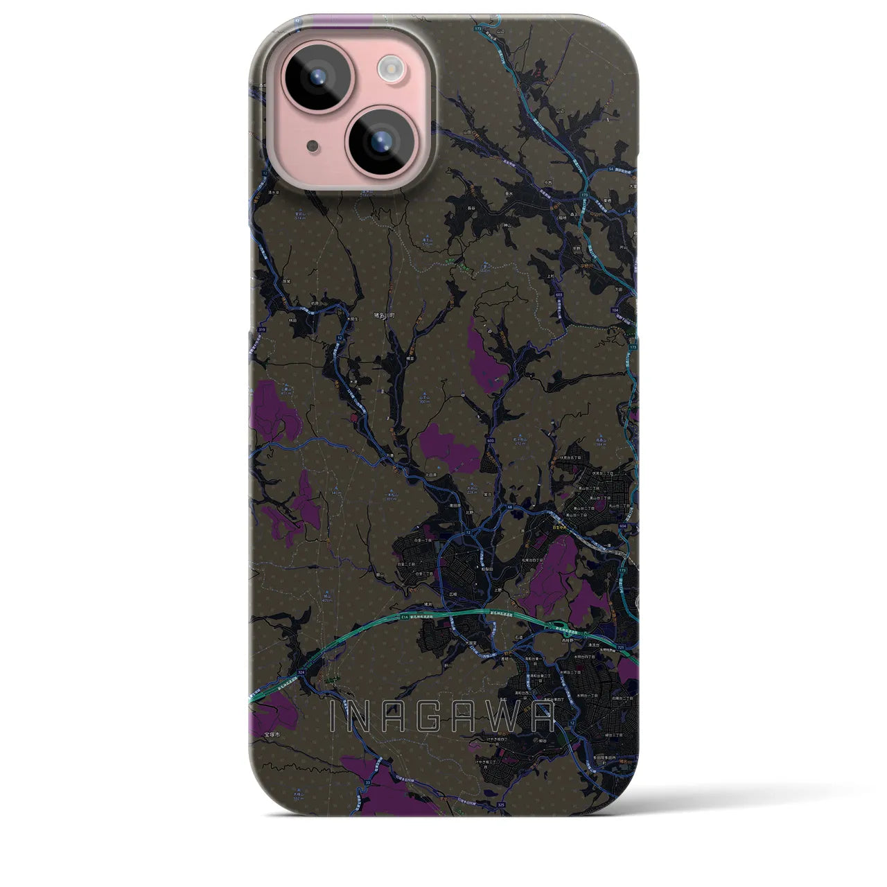 【猪名川】地図柄iPhoneケース（バックカバータイプ・ブラック）iPhone 15 Plus 用