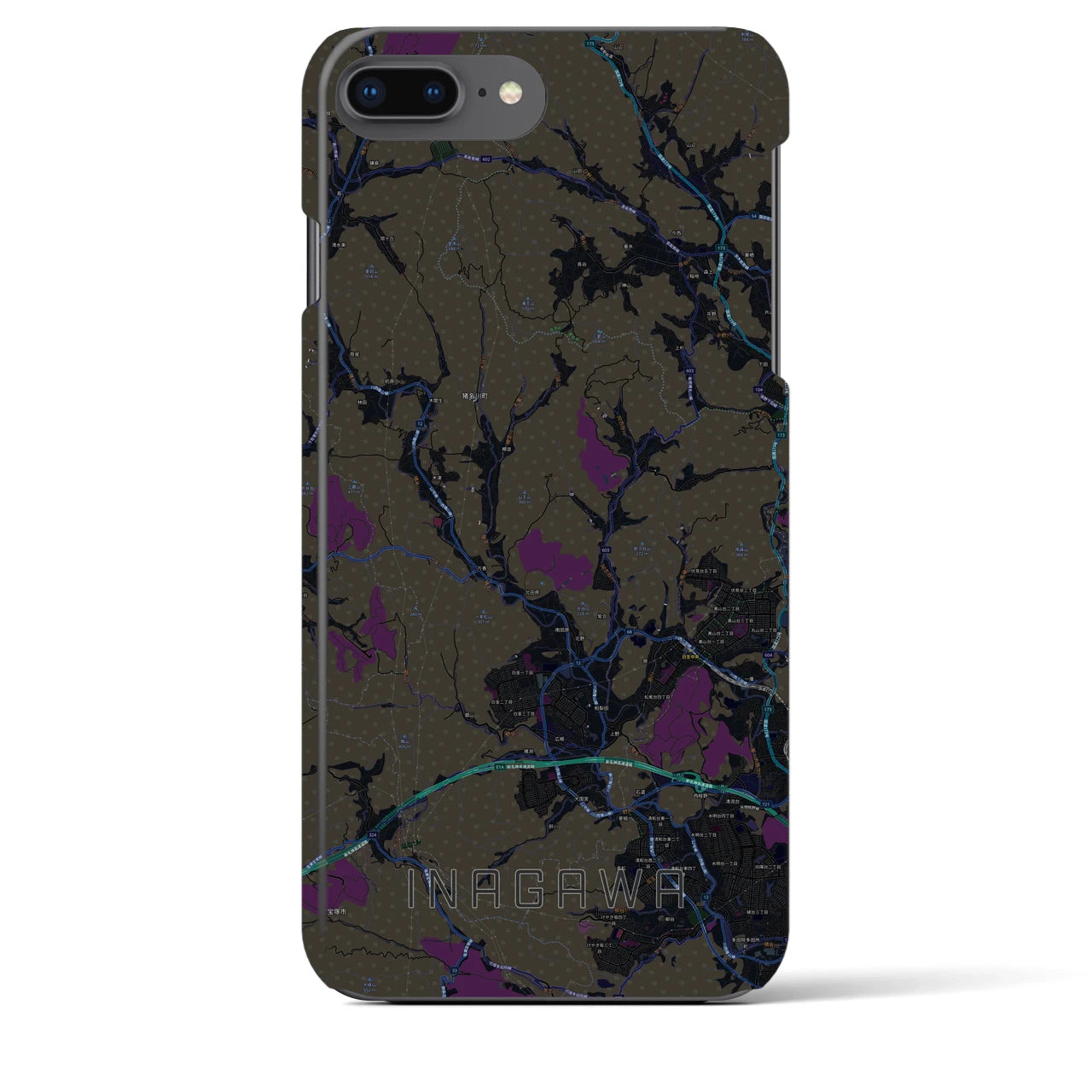 【猪名川】地図柄iPhoneケース（バックカバータイプ・ブラック）iPhone 8Plus /7Plus / 6sPlus / 6Plus 用
