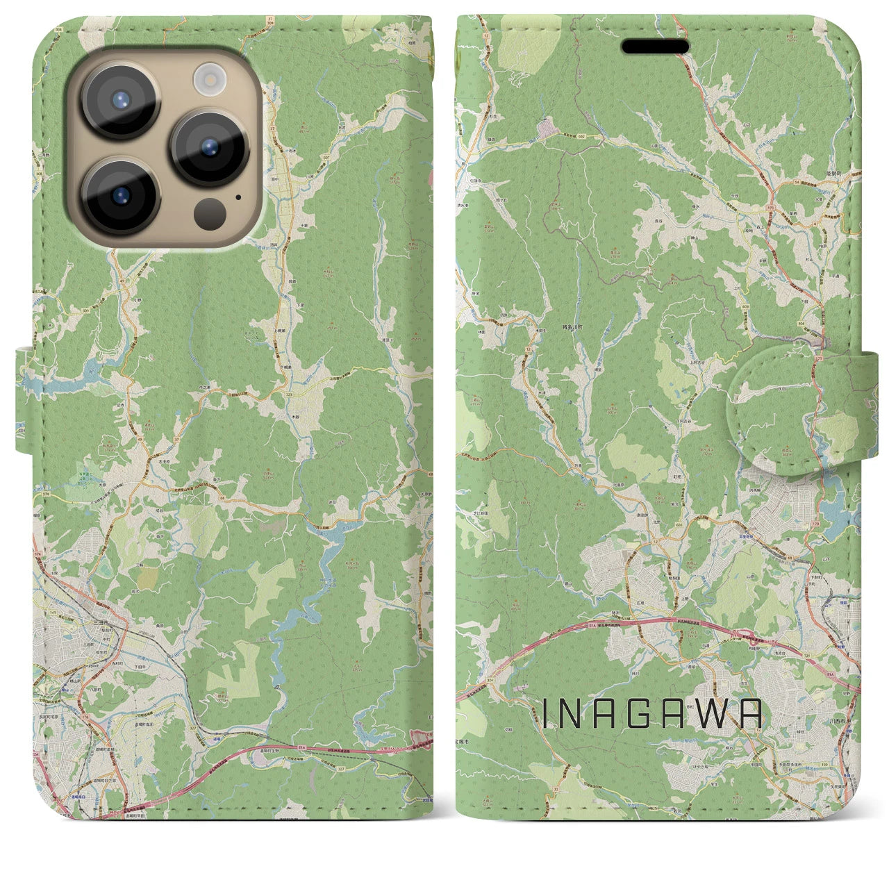 【猪名川】地図柄iPhoneケース（手帳両面タイプ・ナチュラル）iPhone 14 Pro Max 用