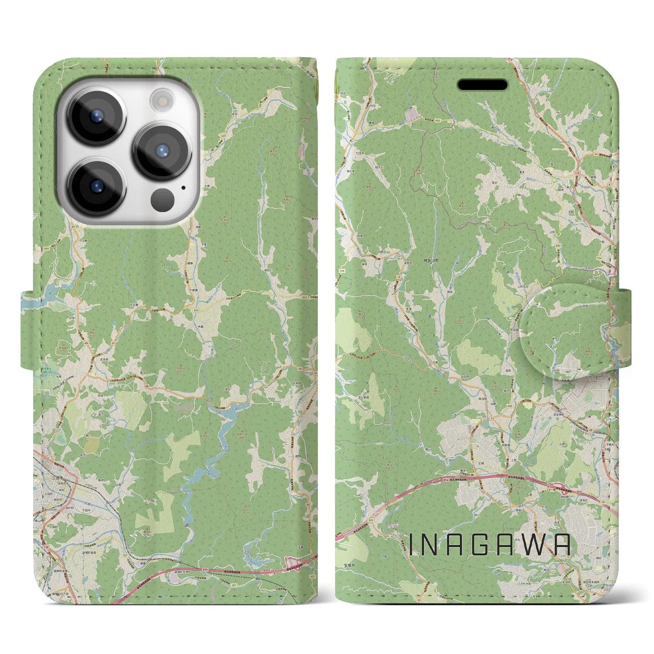【猪名川】地図柄iPhoneケース（手帳両面タイプ・ナチュラル）iPhone 14 Pro 用