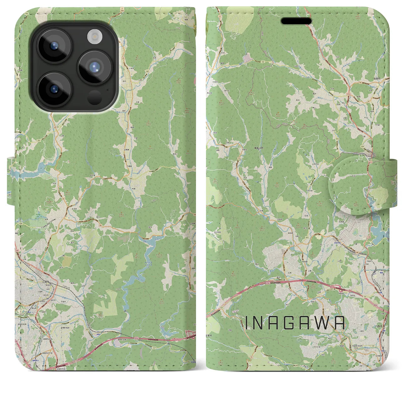 【猪名川】地図柄iPhoneケース（手帳両面タイプ・ナチュラル）iPhone 15 Pro Max 用