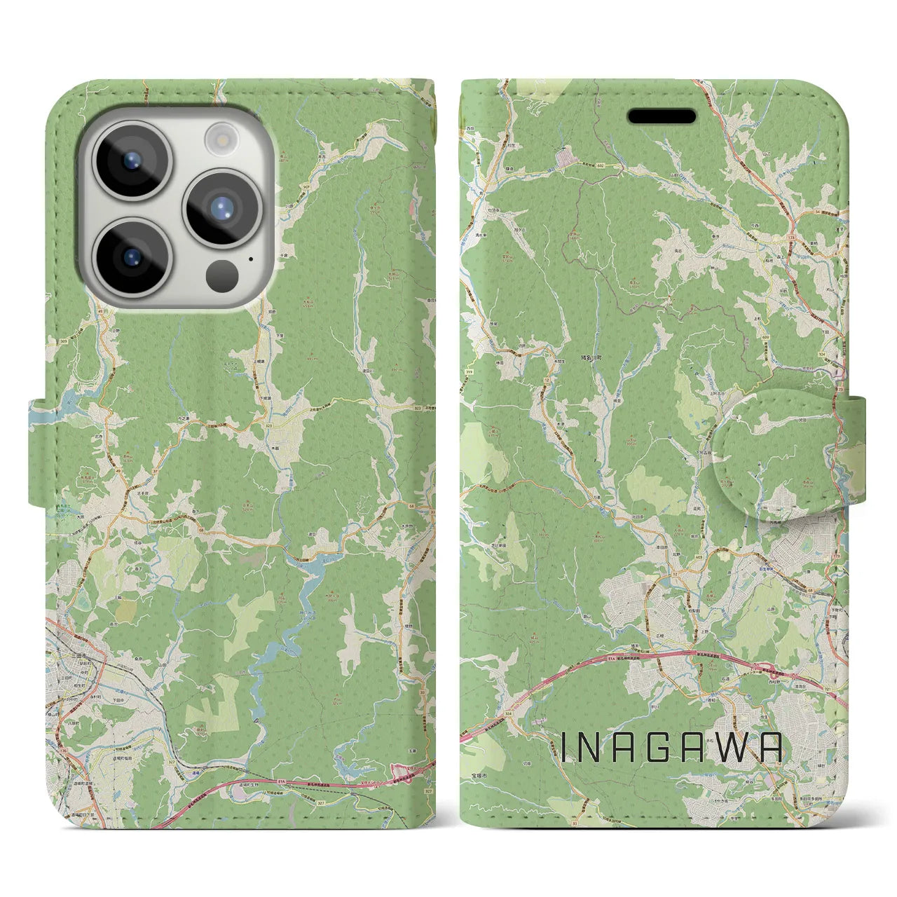 【猪名川】地図柄iPhoneケース（手帳両面タイプ・ナチュラル）iPhone 15 Pro 用