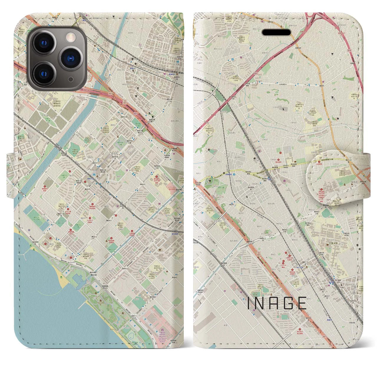 【稲毛】地図柄iPhoneケース（手帳両面タイプ・ナチュラル）iPhone 11 Pro Max 用
