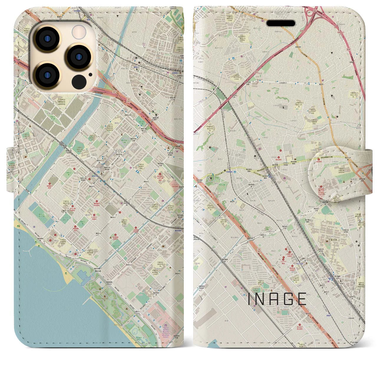 【稲毛】地図柄iPhoneケース（手帳両面タイプ・ナチュラル）iPhone 12 Pro Max 用
