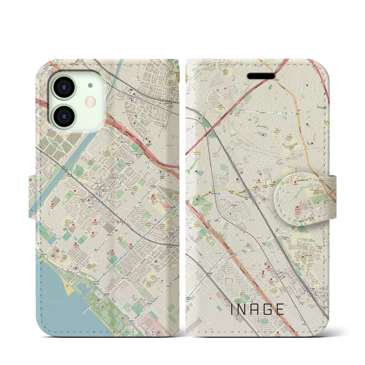 【稲毛】地図柄iPhoneケース（手帳両面タイプ・ナチュラル）iPhone 12 mini 用