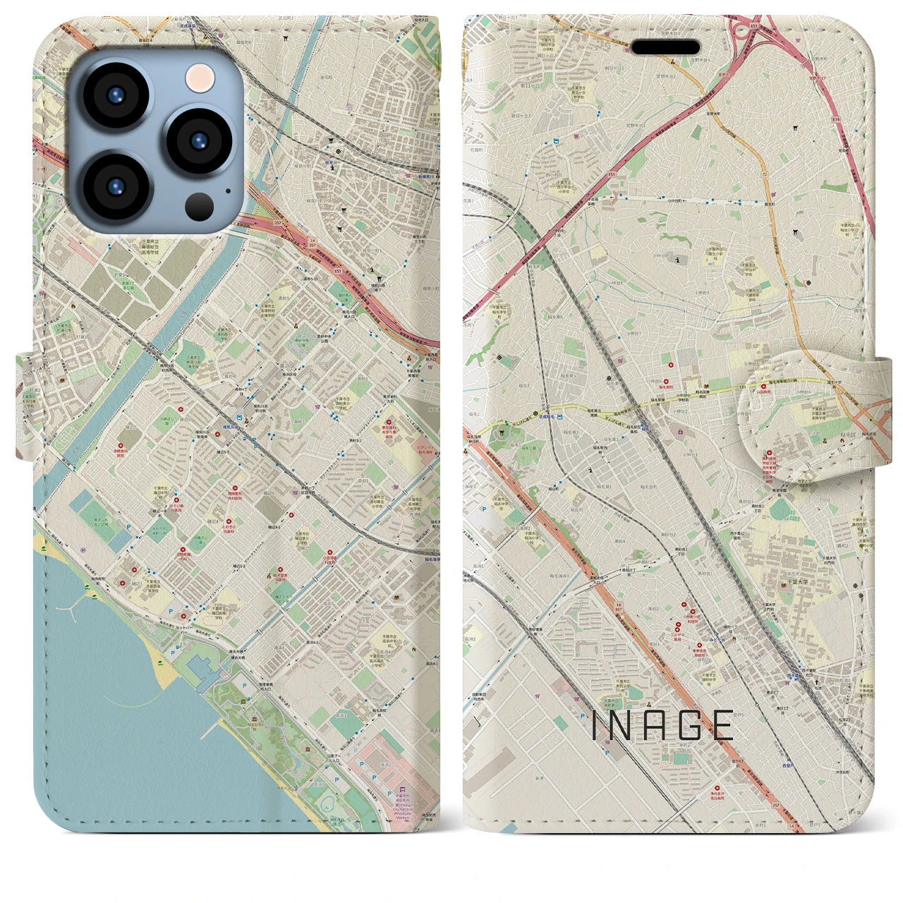 【稲毛】地図柄iPhoneケース（手帳両面タイプ・ナチュラル）iPhone 13 Pro Max 用