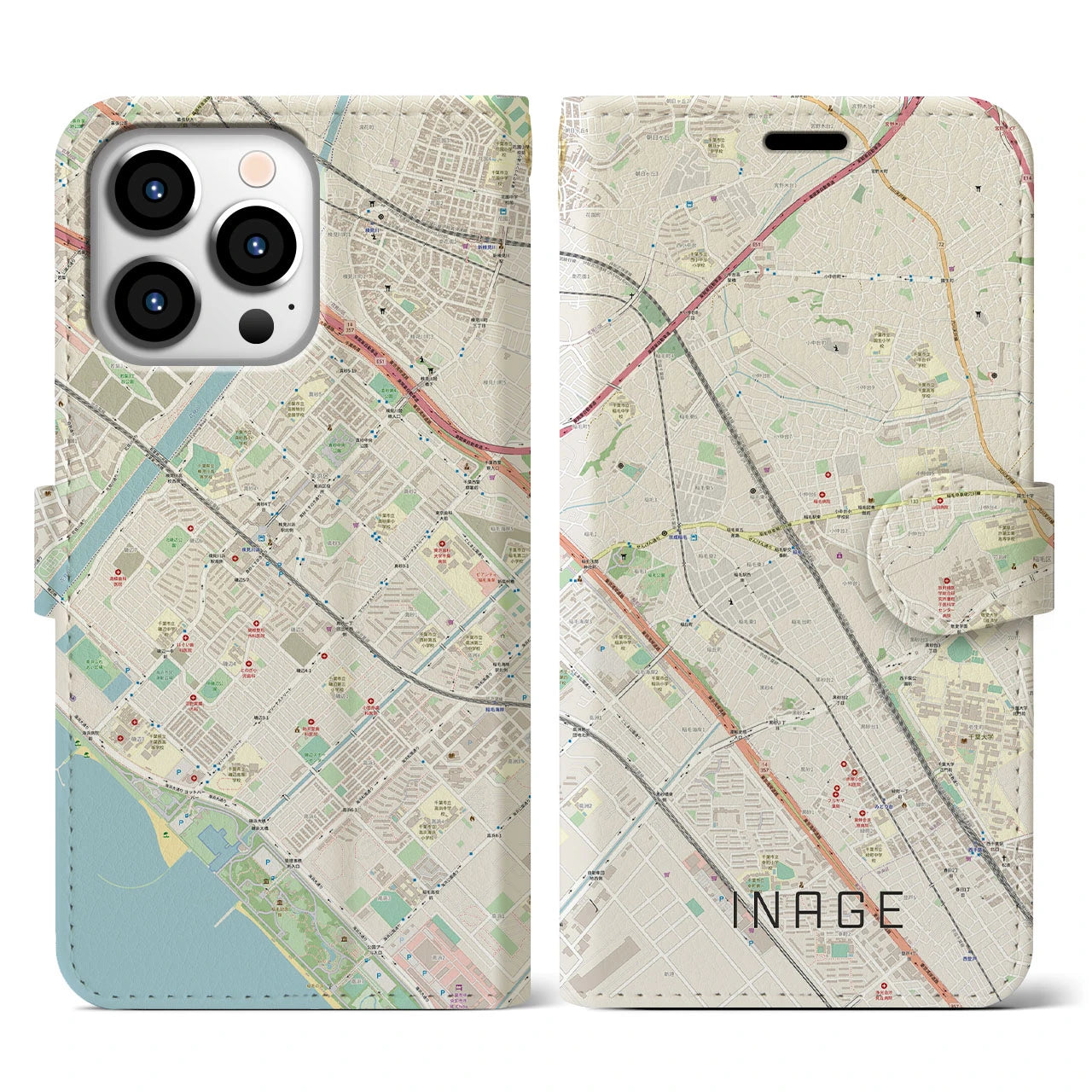【稲毛】地図柄iPhoneケース（手帳両面タイプ・ナチュラル）iPhone 13 Pro 用