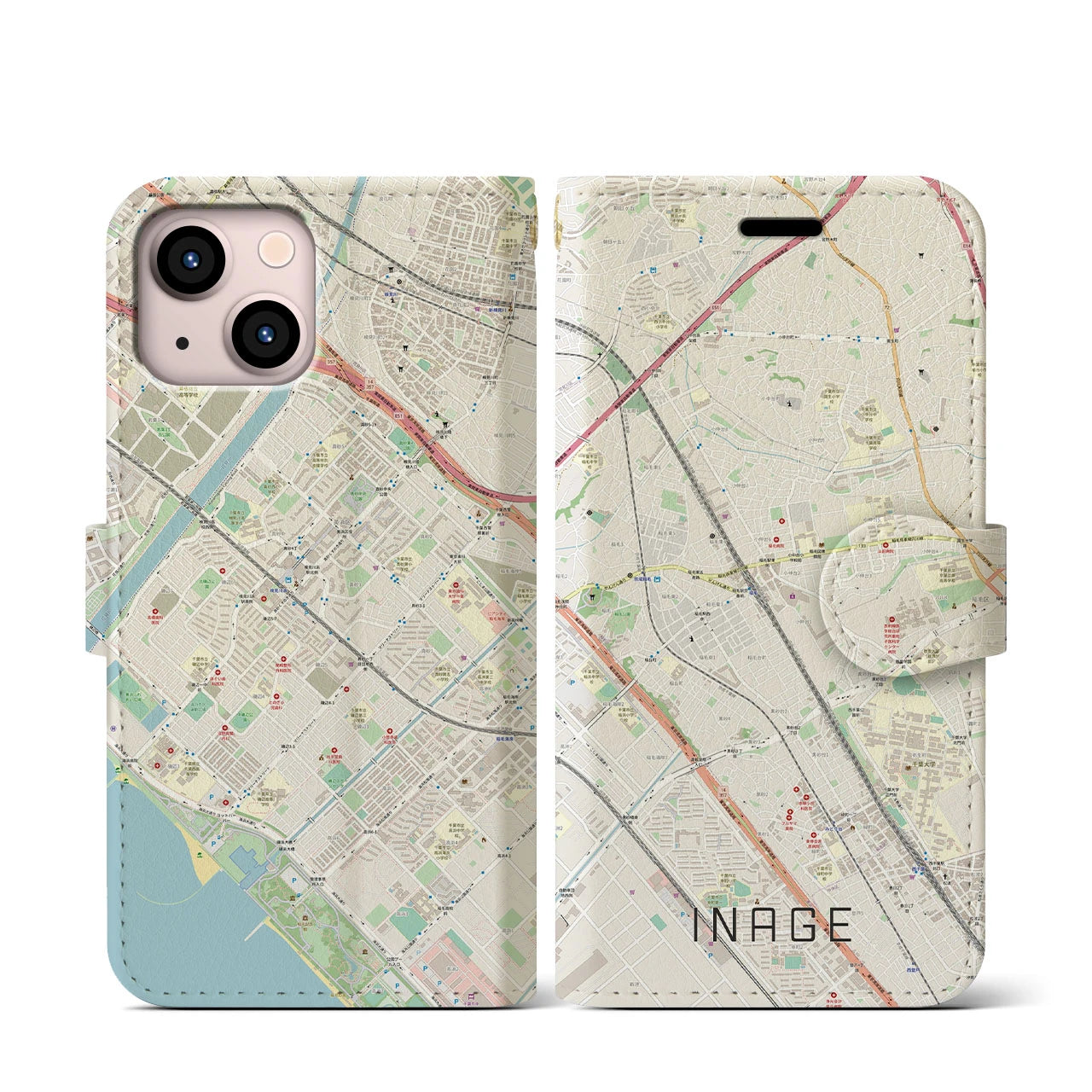 【稲毛】地図柄iPhoneケース（手帳両面タイプ・ナチュラル）iPhone 13 mini 用