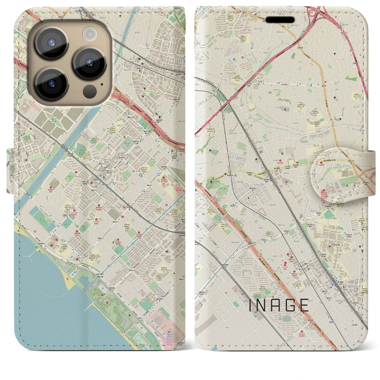 【稲毛】地図柄iPhoneケース（手帳両面タイプ・ナチュラル）iPhone 14 Pro Max 用