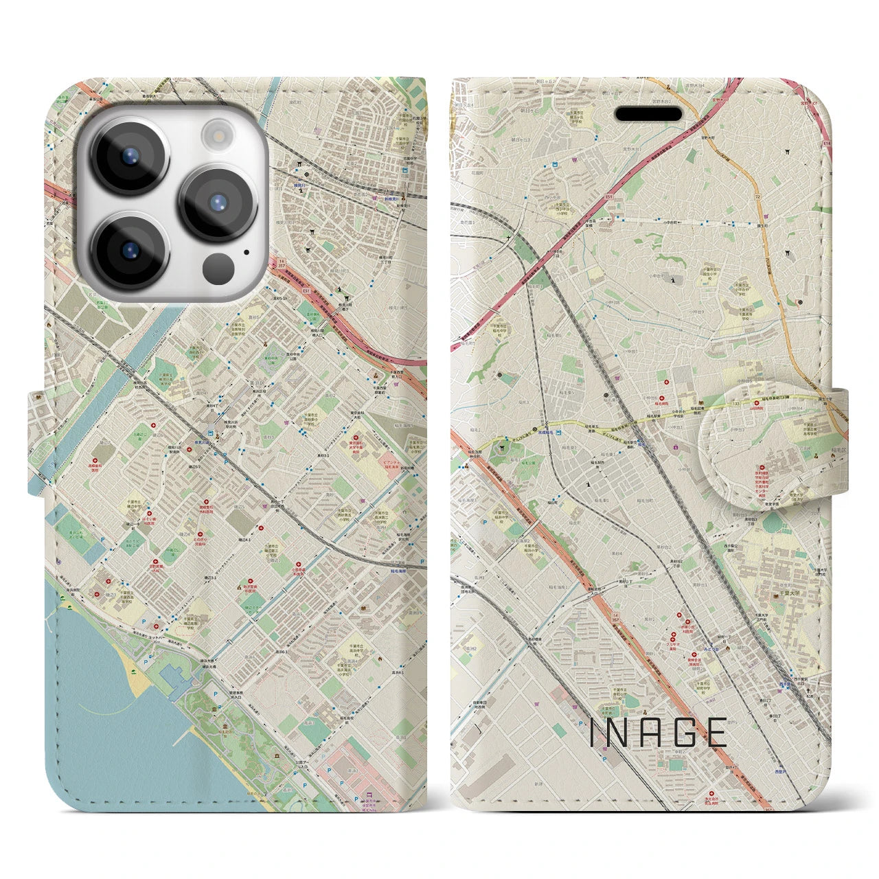 【稲毛】地図柄iPhoneケース（手帳両面タイプ・ナチュラル）iPhone 14 Pro 用
